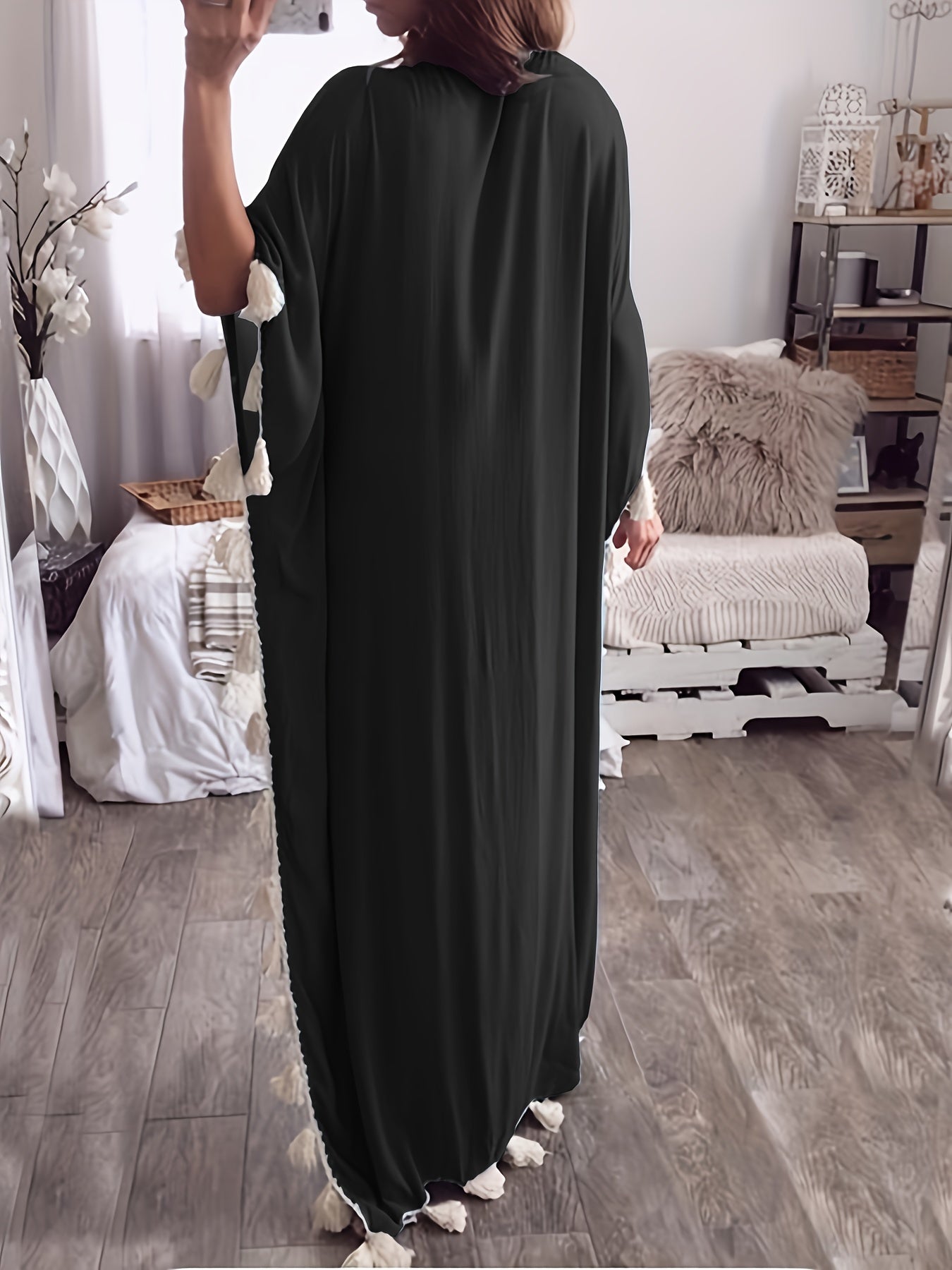 Womens Plus-Size Middle Eastern Kaftan Abaya, V-Neck Tassel Patchwork Gown Dress.