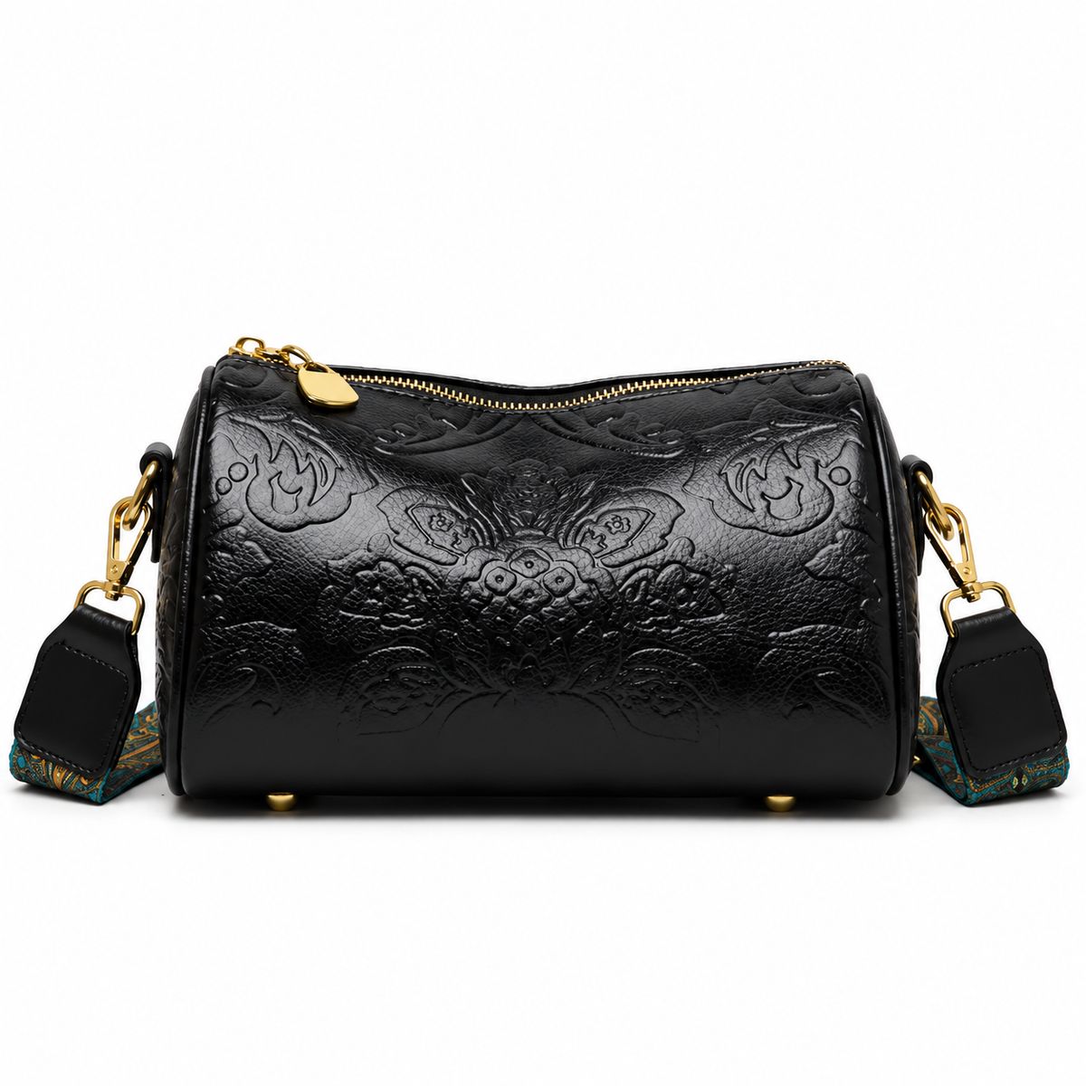 Black Floral Embossed Barrel Vintage Crossbody Bag