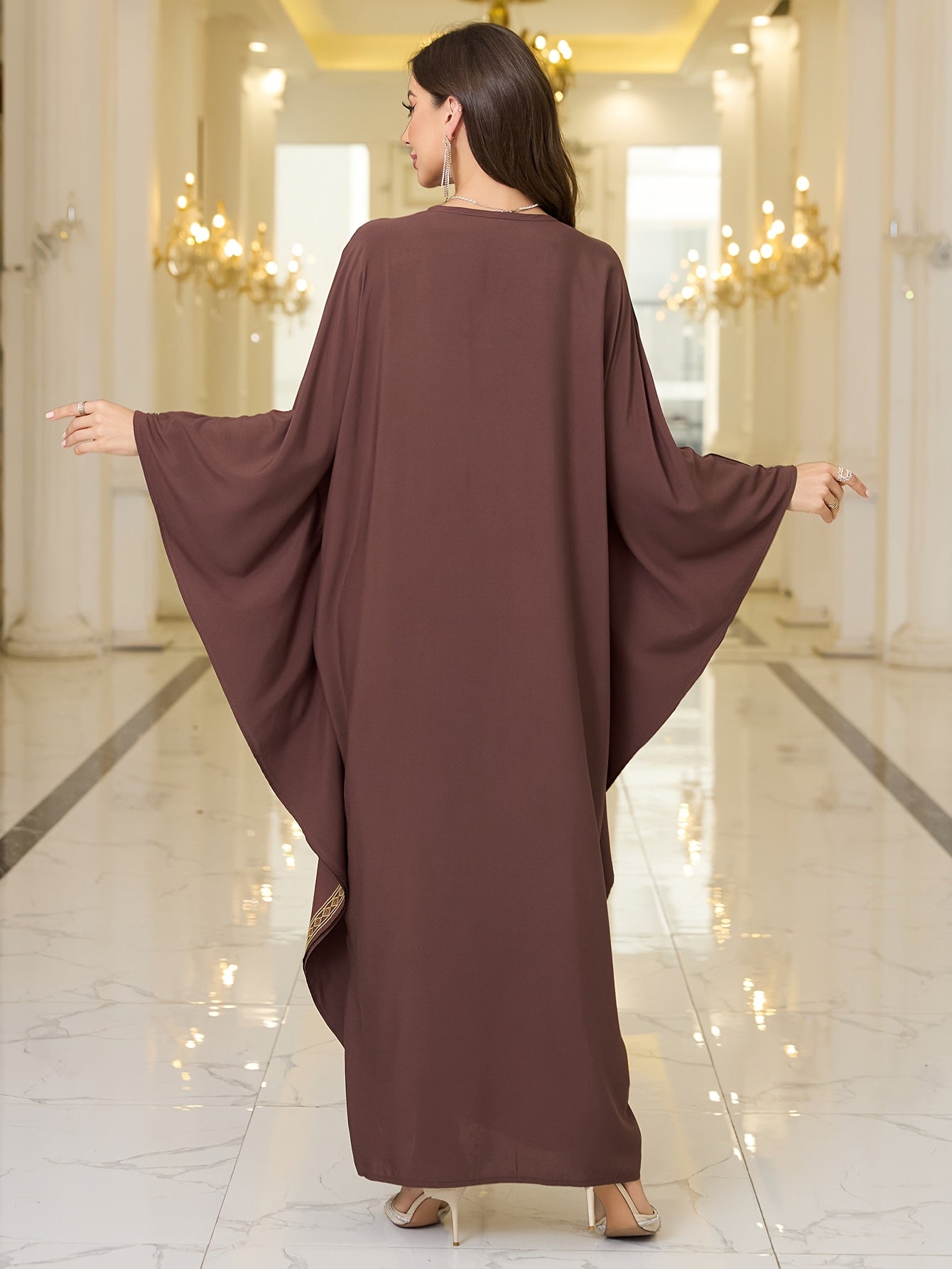 Women's Plus-Size Maxi Dress - Elegant Brown & Golden robe-like gown with Long Batwing Abaya Sleeves, Non-See-Through Formal/Beach/Evening Dress for Women