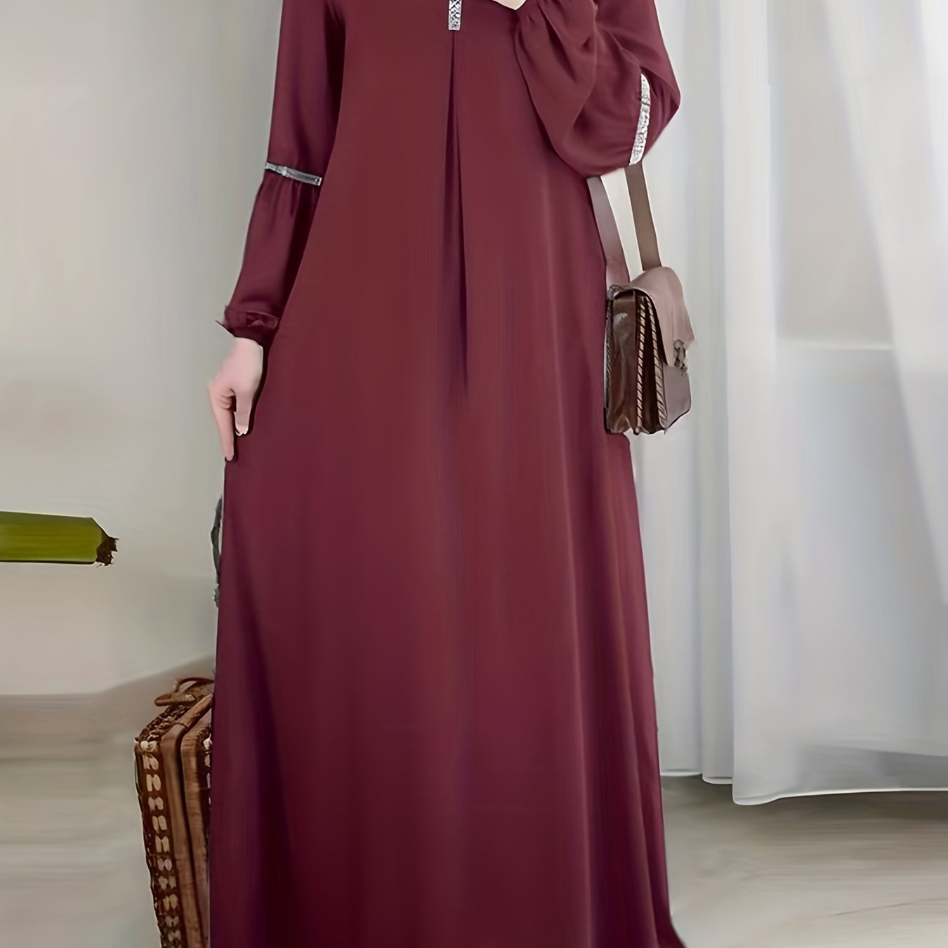 [Elegant Abaya] Elegant Arabic Abaya Burkha | 2023 New Women's Long Sleeve Modest Cover Dress, Solid Green, Sequin Sleeves, Machine Washable, No Stretch Fabric