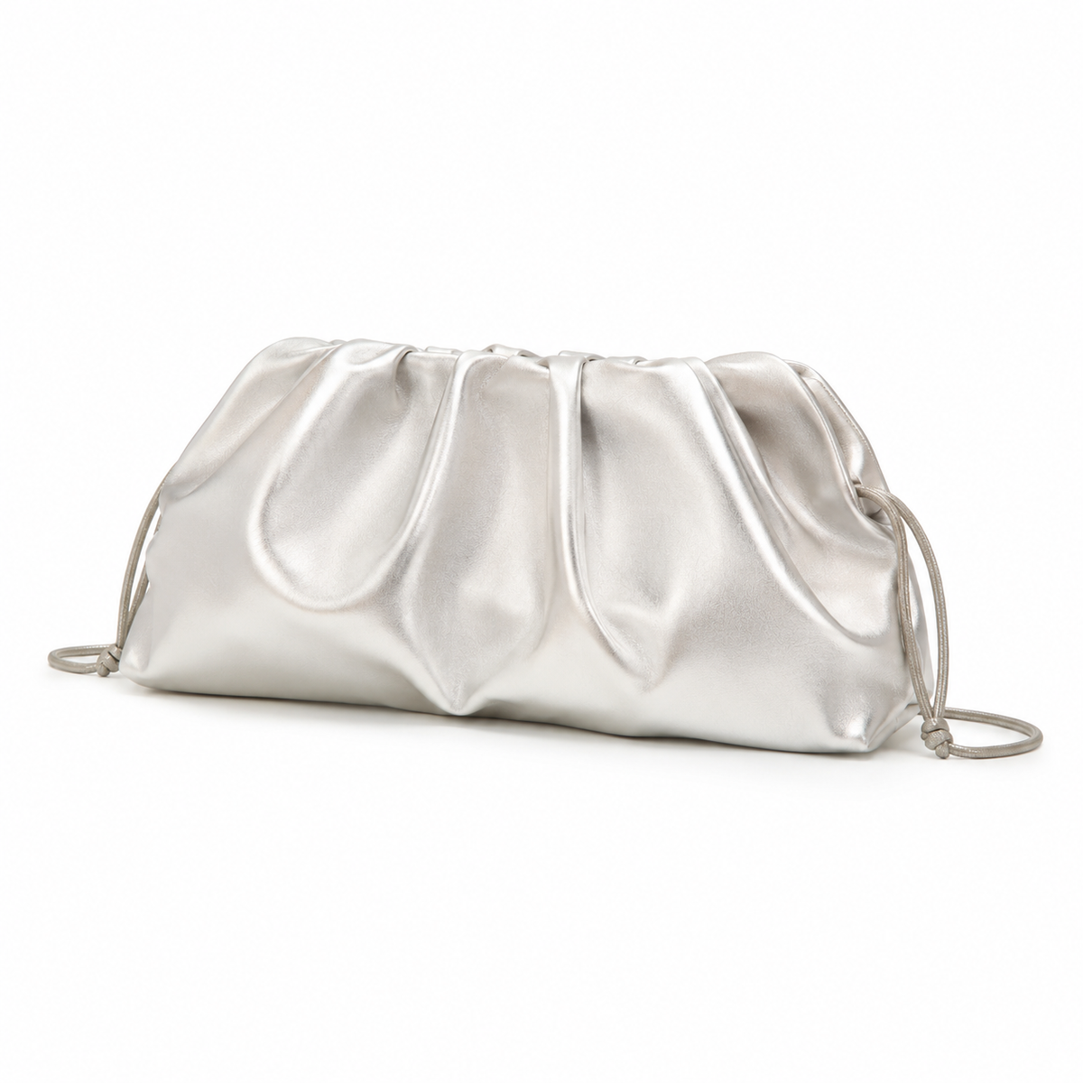 Metallic Silver Ruched Drawstring Clutch Bag