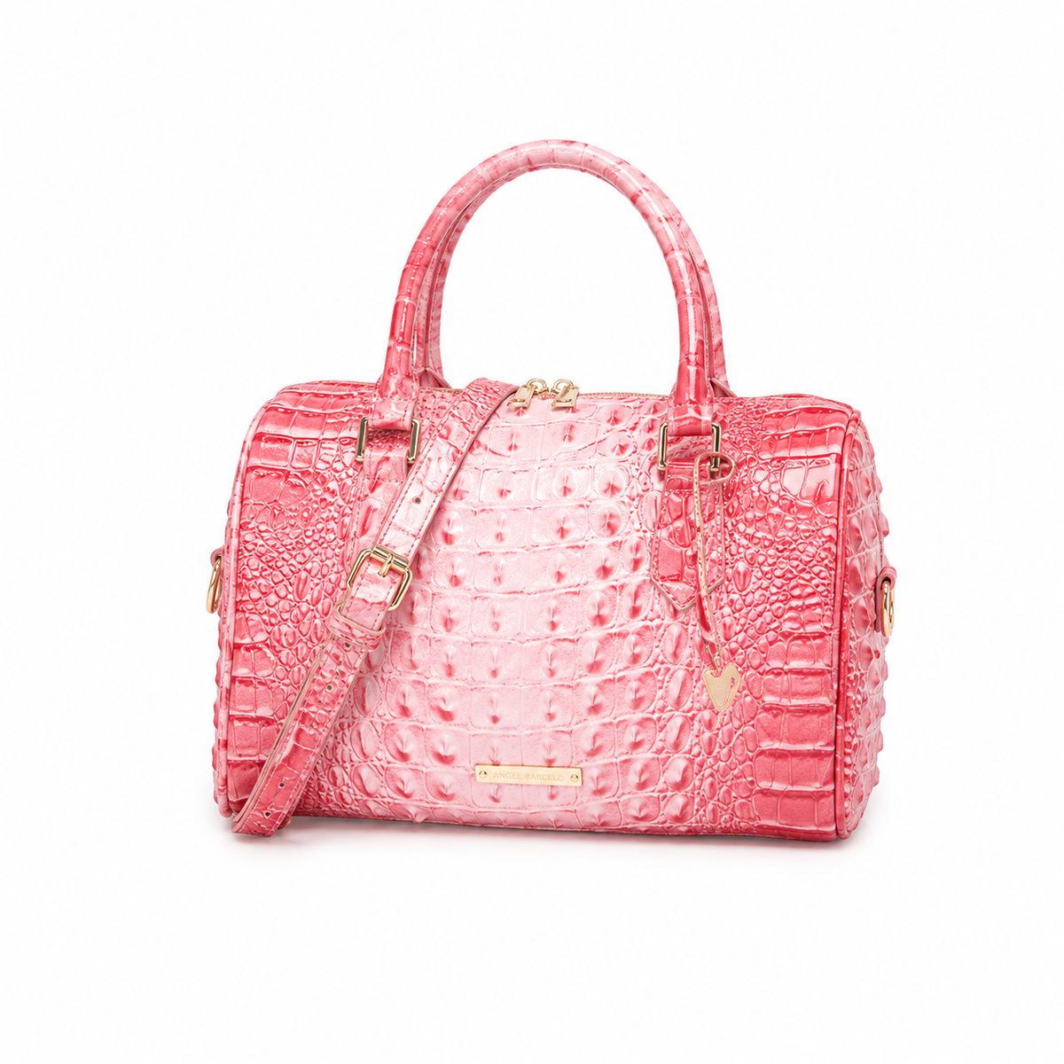 Glossy Pink Crocodile-Embossed Structured Satchel Handbag