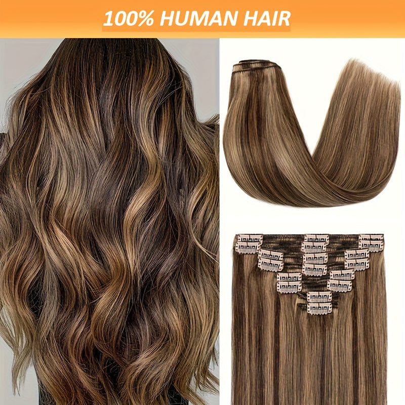 8Pcs Human Hair Clip In Hair Extensions - Chocolate Brown To Caramel Blonde