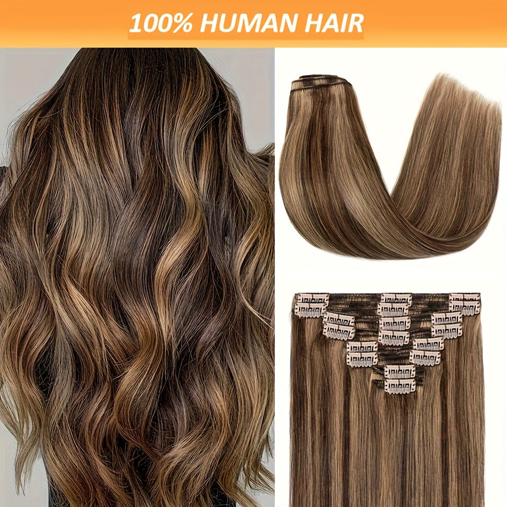 8Pcs Human Hair Clip In Hair Extensions - Chocolate Brown To Caramel Blonde