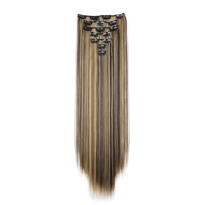 Long Straight Hair Extensions in a Seven-Piece Set, Suitable for Women, Featuring European And American Styles with 16 Clips for a Curtain Effect