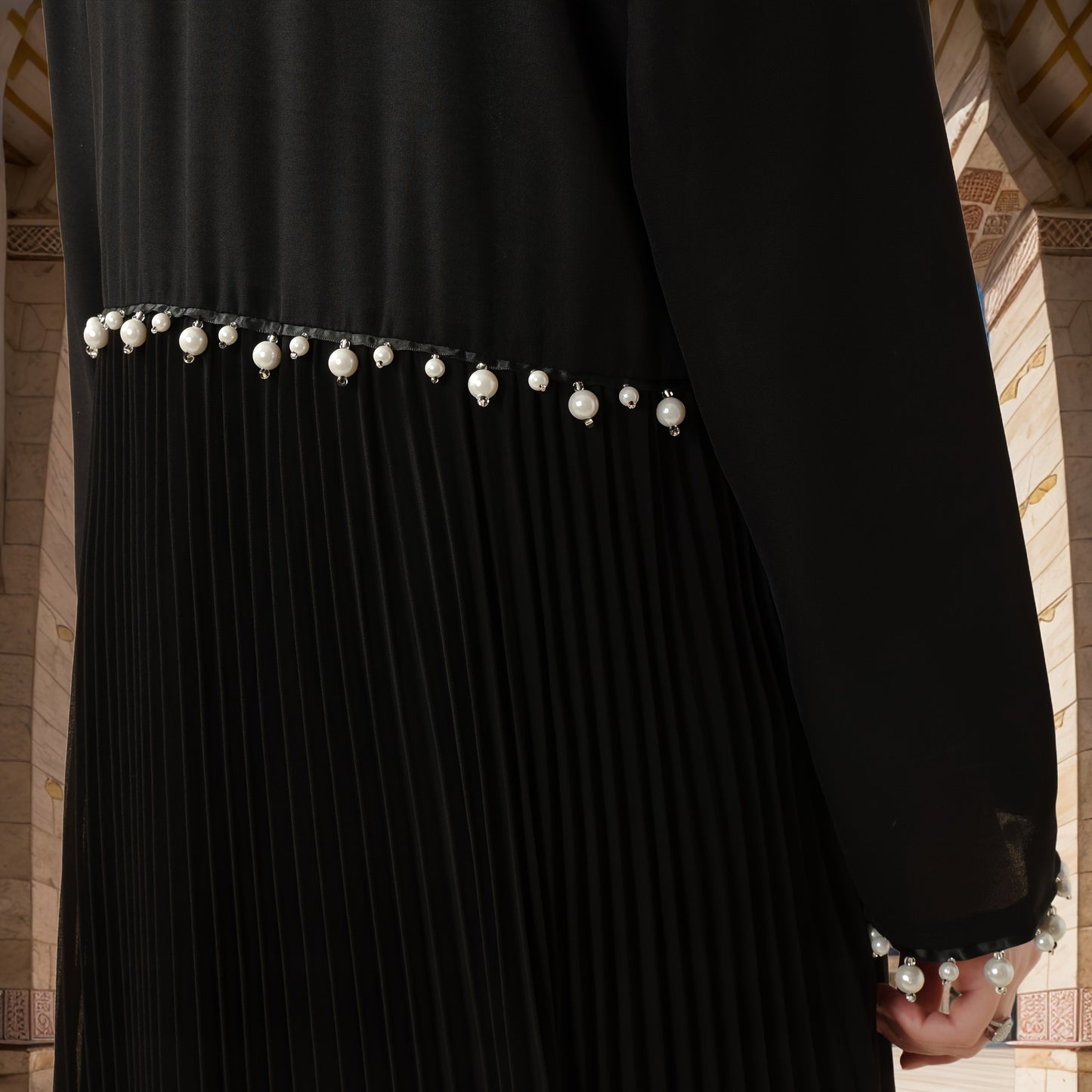 Elegant Pearl-Embellished Black Emirati Abaya with Ruched Detail - Long Sleeve, Floor-Length, Summer Wear for Women, Versatile Fashion|Ruched Abaya|Pearl Embellishments
