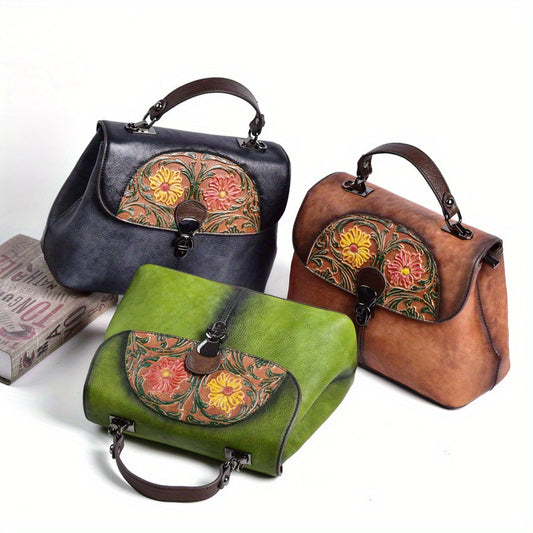 Fashionable Cowhide Women Crossbody Bag Embossed Retro Handmade Color Ladies Hand-Held Cross-Span Bag Genuine Leather Schatel Bag
