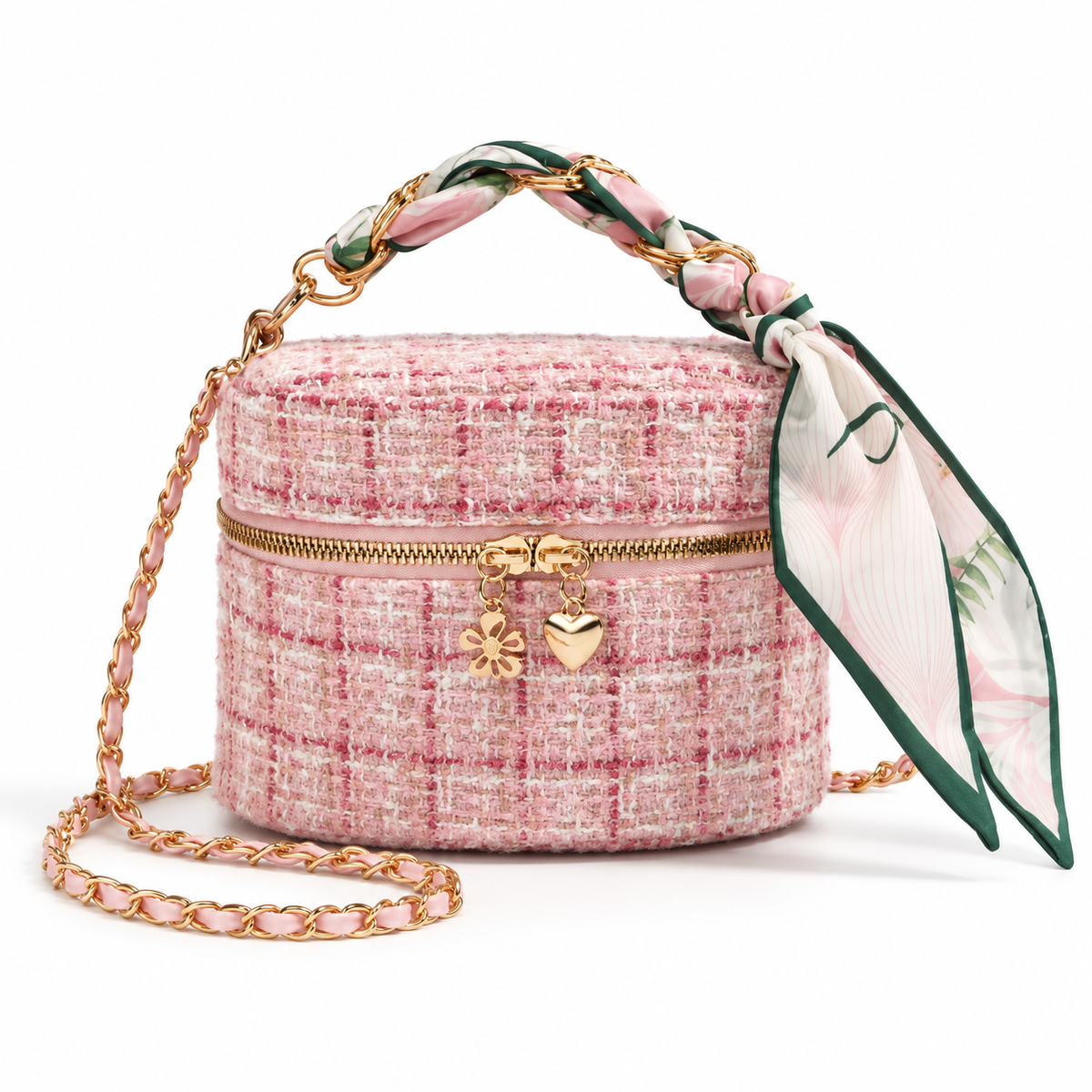 Pink Tweed Crossbody Bag With Scarf