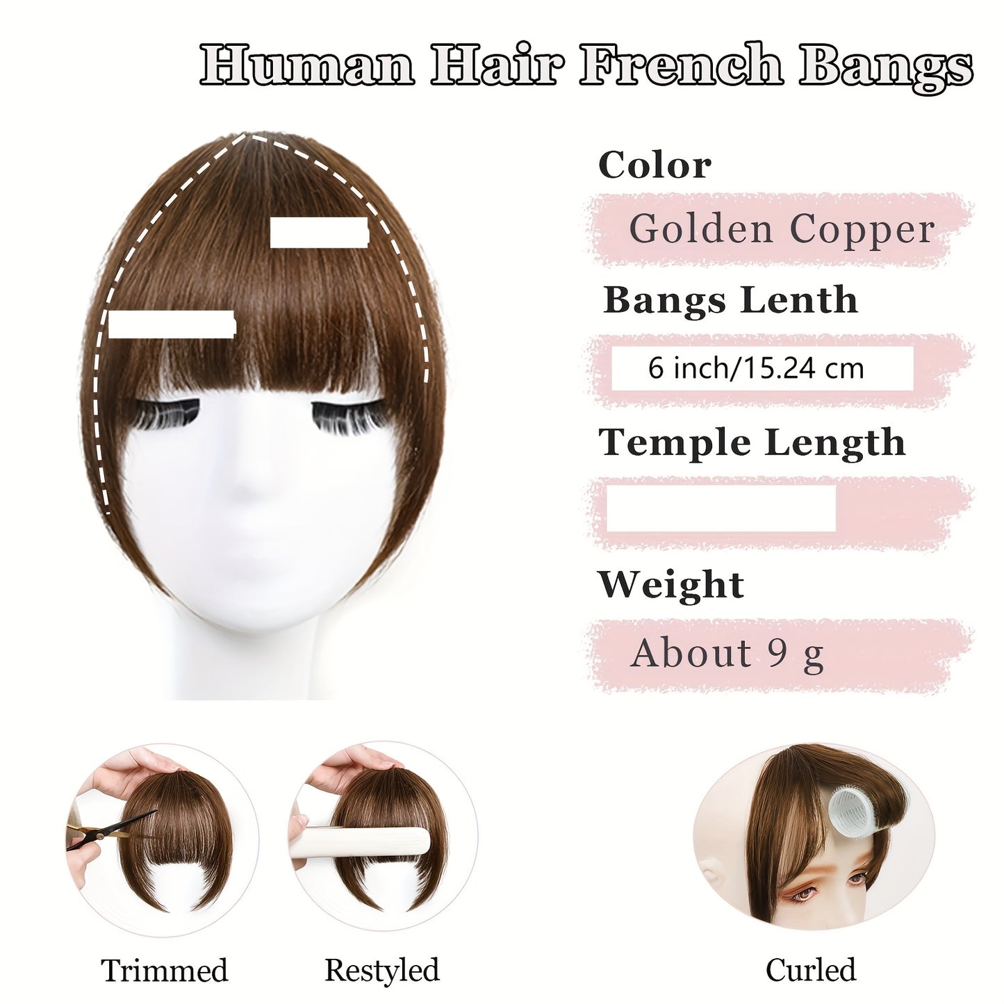 1pc Women'S Natural Brown Human Hair Clip-In Bangs Wig - Soft Wavy with Straight Ends, Secure Clip-In Design, Natural Hairline & Easy Wear
