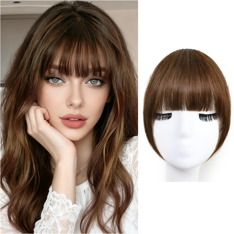 1pc Women'S Natural Brown Human Hair Clip-In Bangs Wig - Soft Wavy with Straight Ends, Secure Clip-In Design, Natural Hairline & Easy Wear