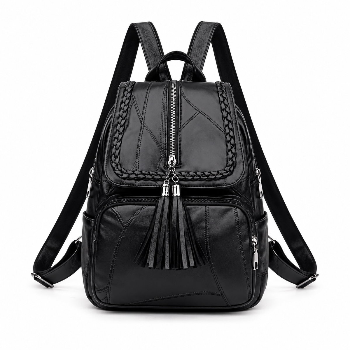 Black Braided Trim Tassel Fashion Backpack
