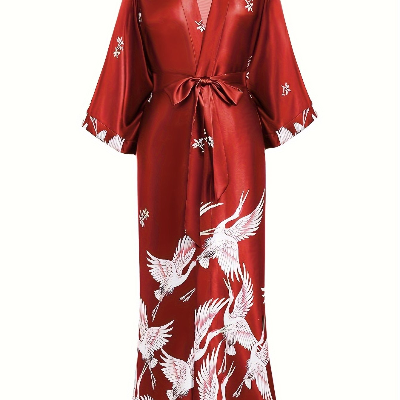 Long Kimono Robe Satin Sleepwear Blouse Bathrobe Nightgown Floral Crane Kimono Cardigan Robe