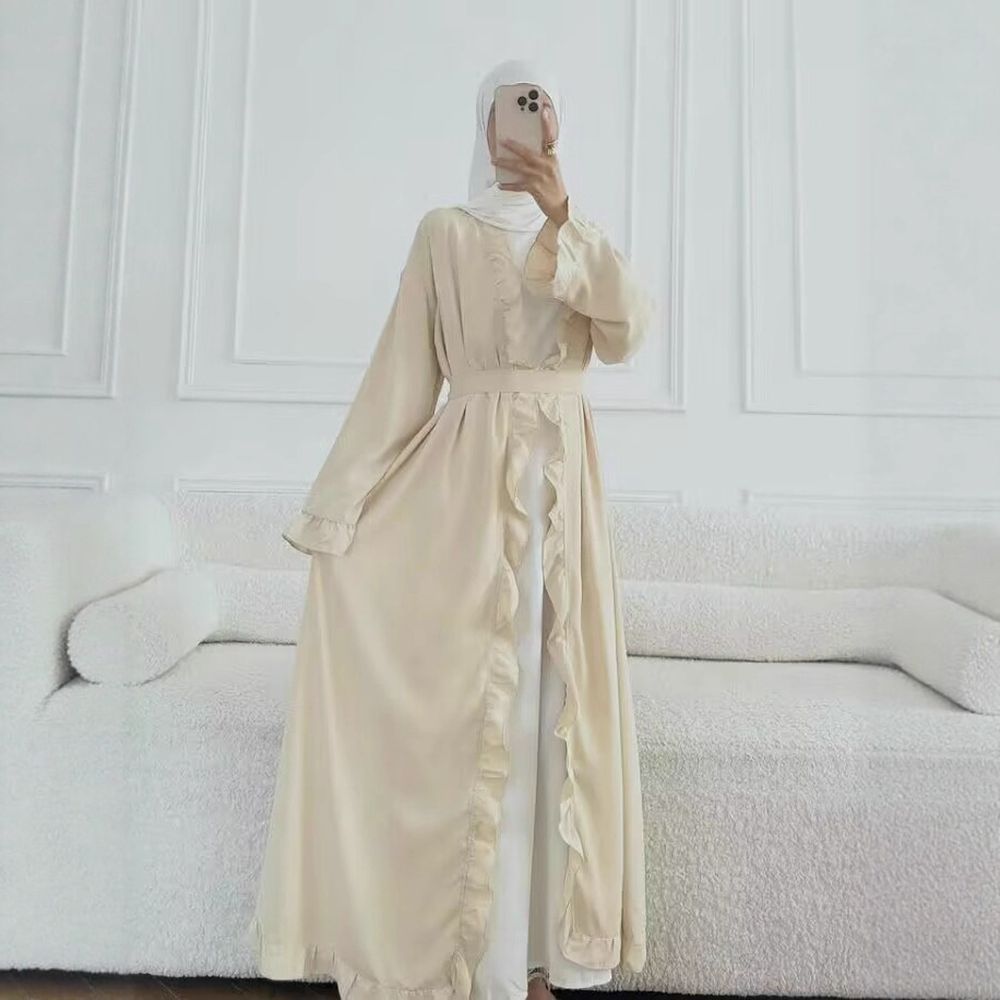 Women's Elegant Arabic Abaya Robe - Lightweight Breathable Loose Fit Long Sleeve Arabic Dress with Belt, Solid Color Machine Washable All-Season Casual & Formal Wear