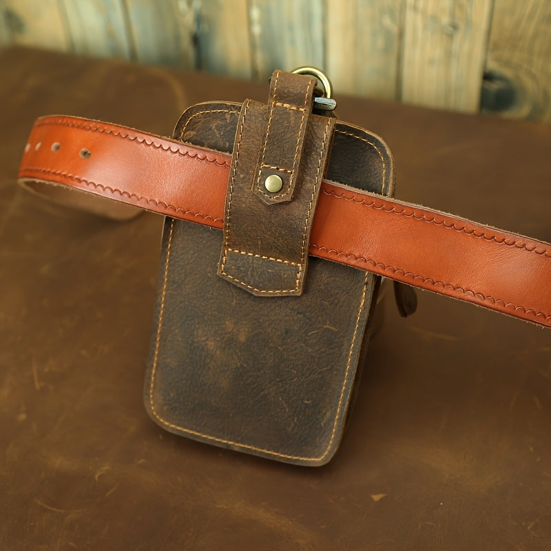 Men's Vintage Crazy Horse Top-Grain Vintage Leather Waist Bag, Casual Style, Multi-Functional Fanny Pack for Daily Commute, No Print, Durable Belt Hanging Pouch for Mobile Phone