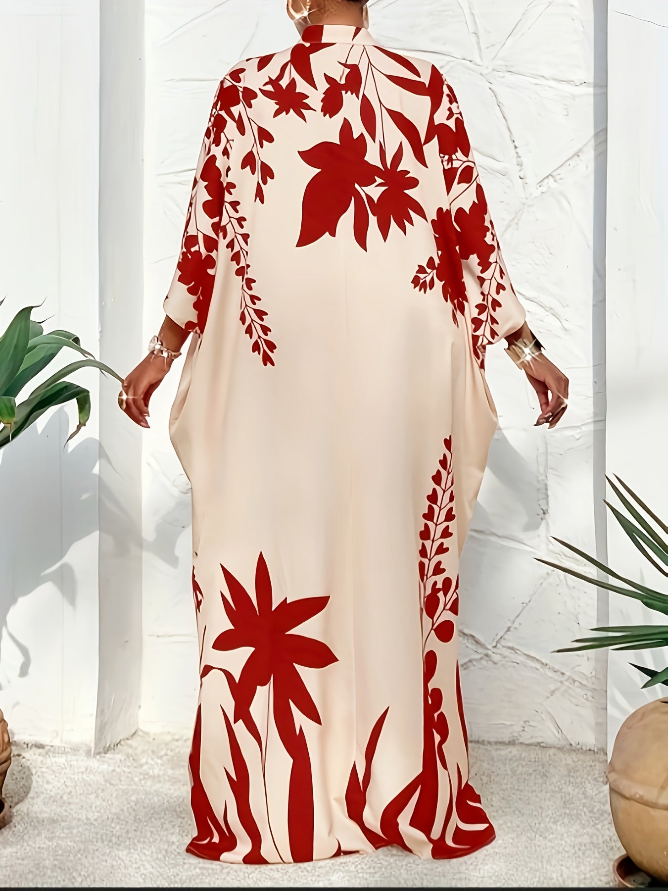Plus Size, Autumn/Winter Plus Size Blue and White Botanical Print Elegant Dress, Flattering and, Versatile for Daily Outings, Suitable for Christmas, Valentine's Day, and Various Holiday Occasions