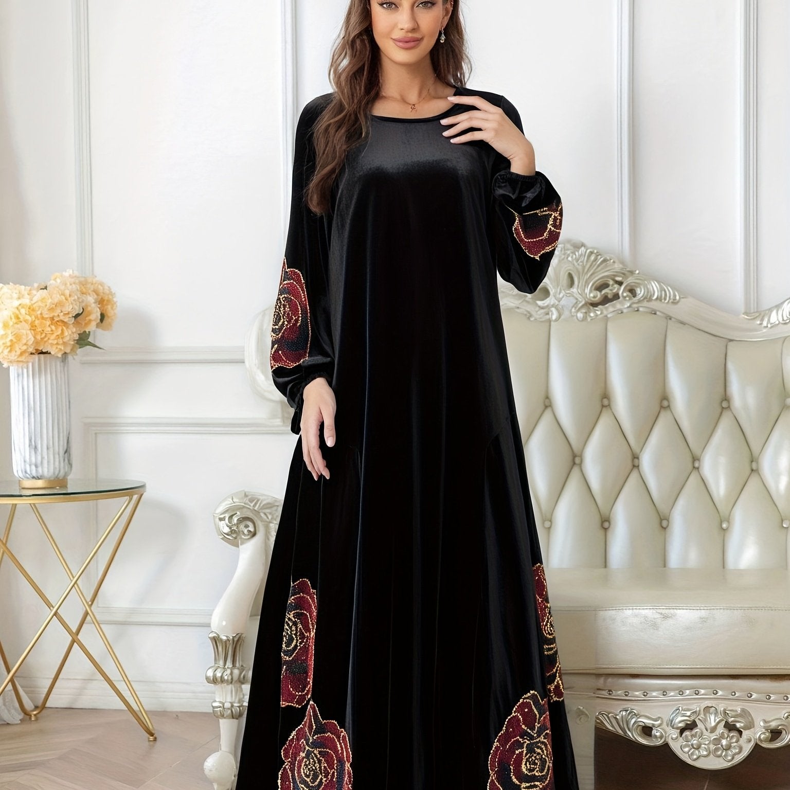 velvet dress long sleeve pakistani Rhinestone Robe Muslim Islamic Pakistani/Turkish Women's Rhinestone Abaya with Garden Collar Eid Ramadan Dubai Fashion Turkish Malay Long Skirt