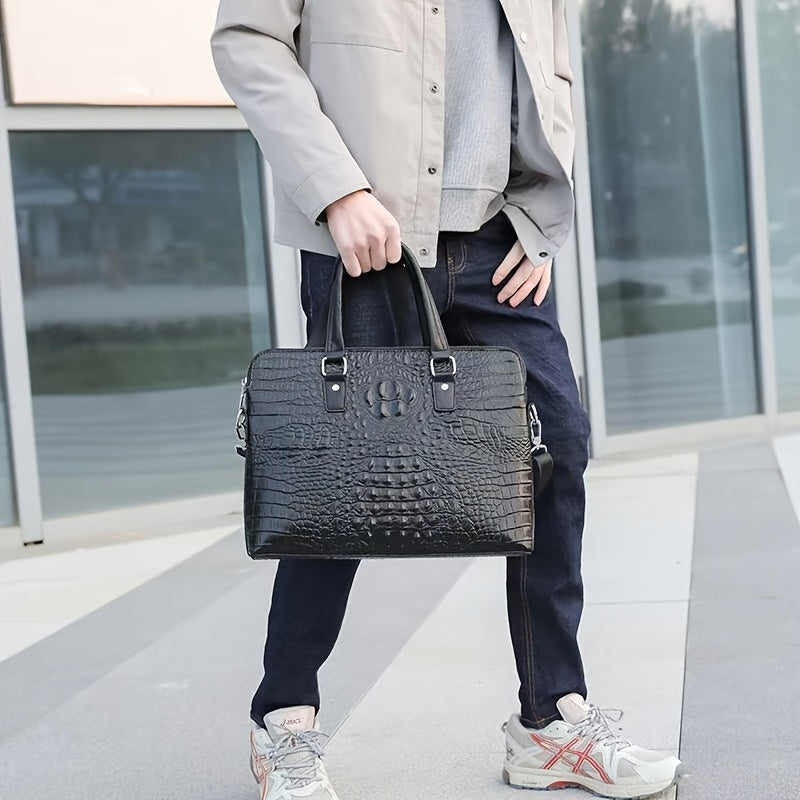 High-End Leather Laptop Bag for Men, Large Capacity, Two-Layer Leather Horizontal Business Bag.