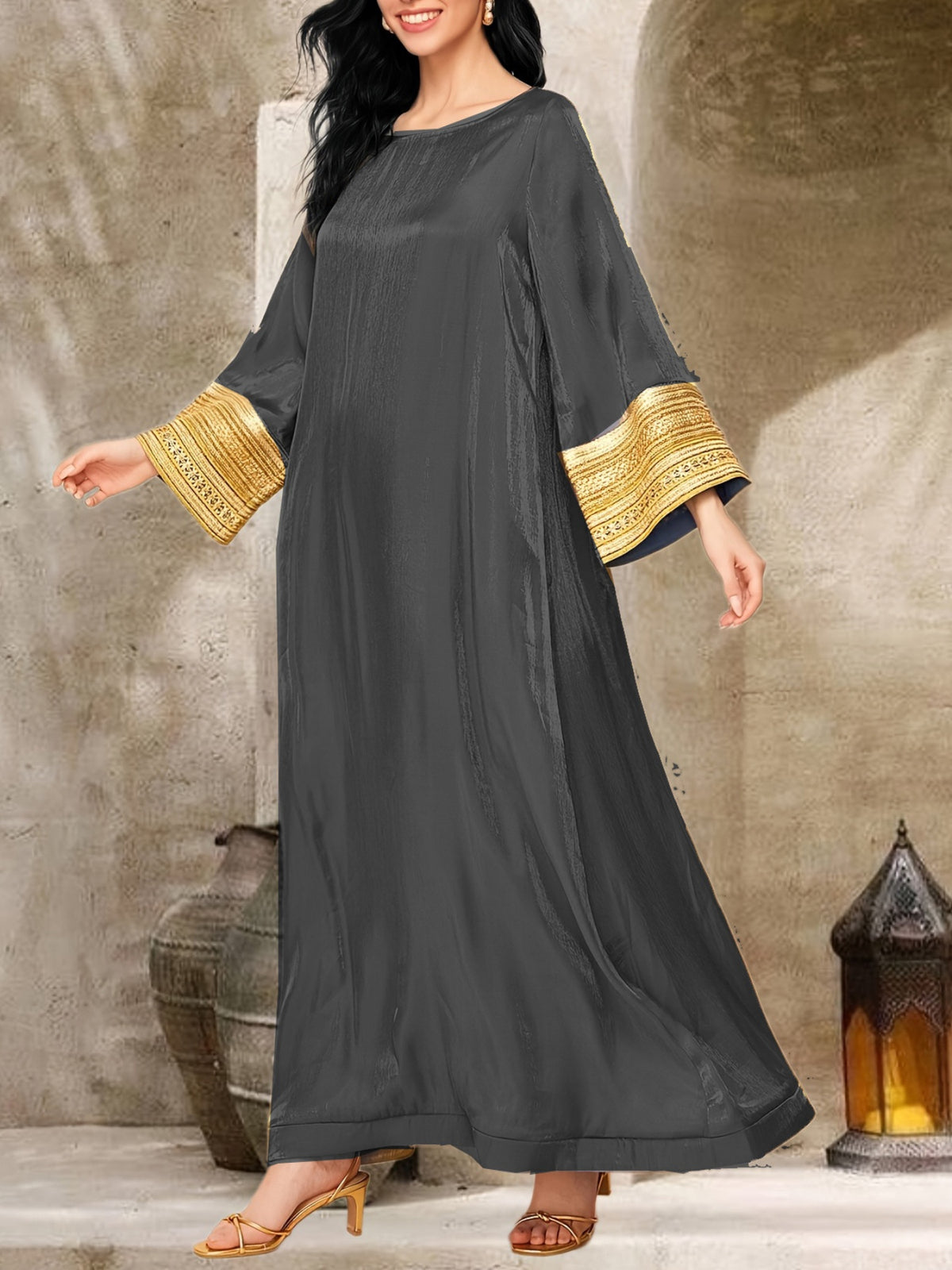 Elegant Women's Long Sleeve Baju Abaya Dress - Crew Neck, Patchwork Design, Loose Swing Fit, Solid Color, Perfect for Spring/Summer, Casual to Formal Wear, Casual Formal Dress