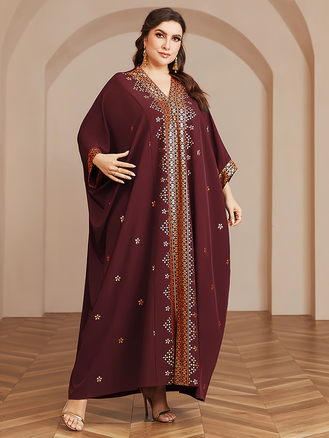 Polyester Long Kaftan | V-Neck Tribal Pattern Woven Non-Stretch, Middle East Golden Tassel, Batwing Sleeve Abaya, Plus Size, All Season