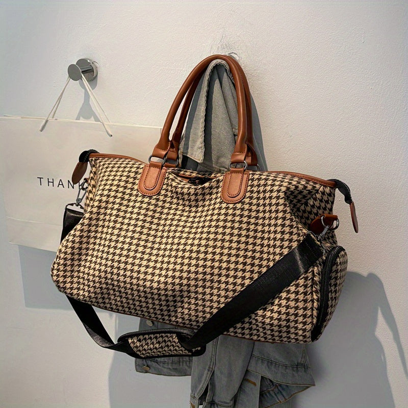 Large Capacity Houndstooth Pattern Sports Bag, Versatile Travel Duffel Luggage Handbag, Trendy Overnight Bag
