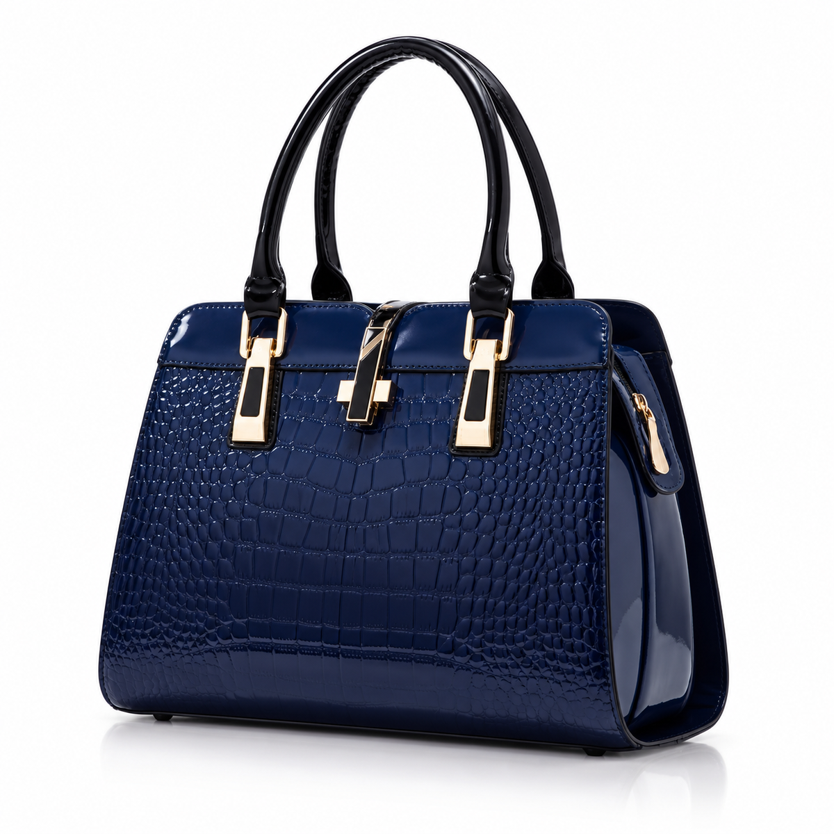 Navy Crocodile Embossed Gold Accent Handbag