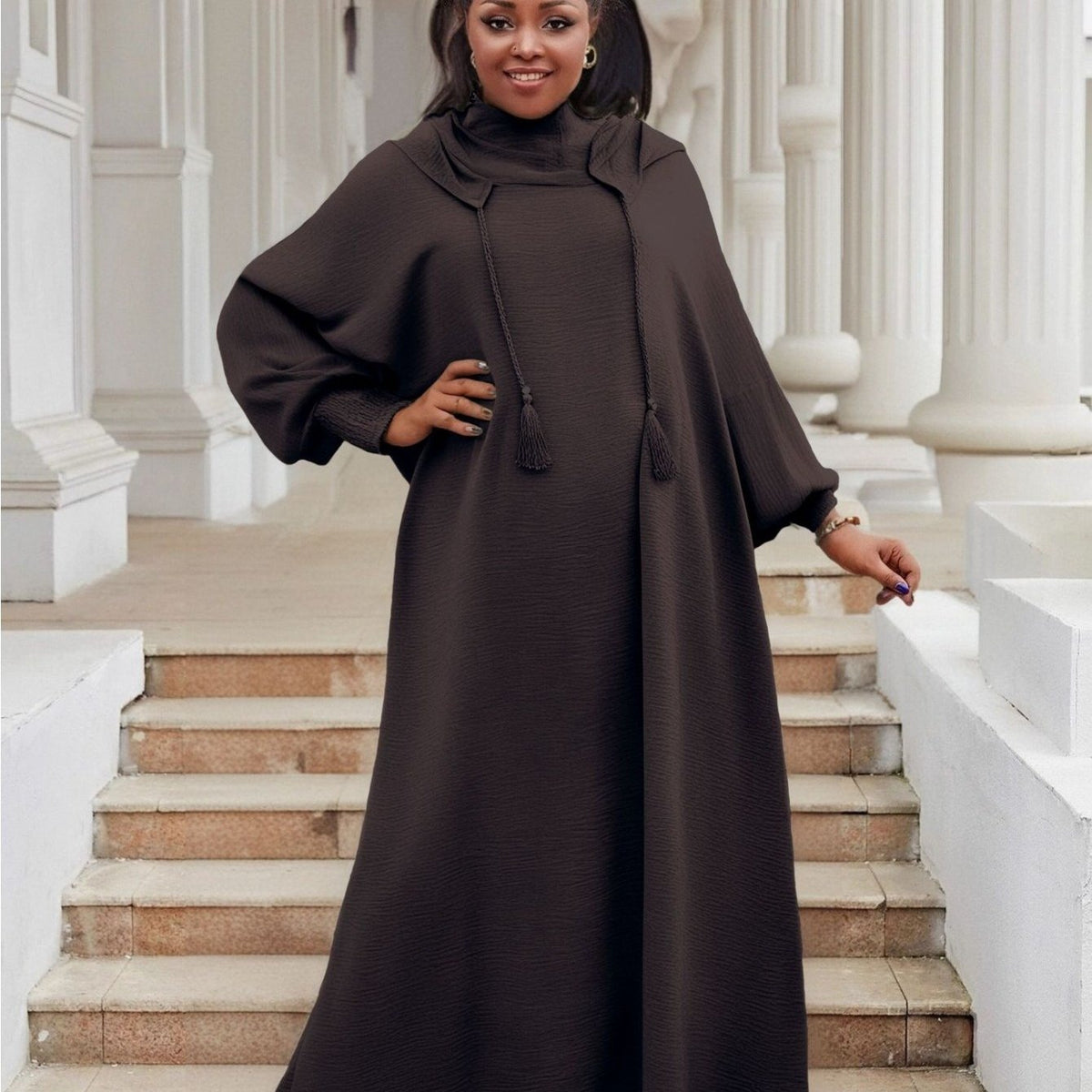 Plus Size Women's Hooded Long Sleeve Abaya - Oversized Loose Fit Solid Color Casual Elegant Gown, Machine Washable All-Season Comfort for Casual Attire, Leisure Outfit