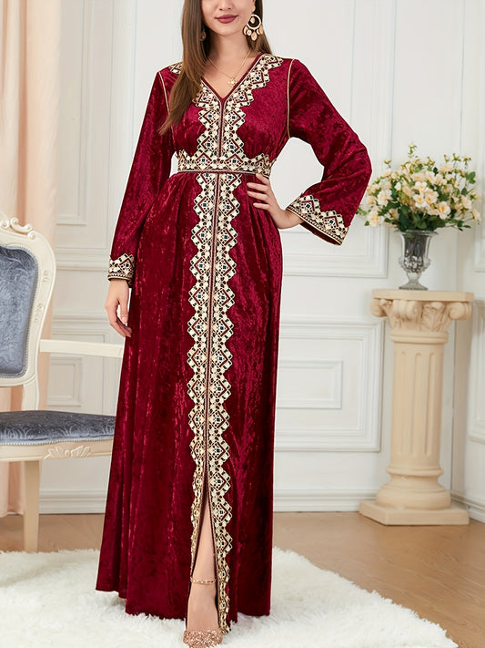 Women's Elegant Velvet Embroidery Abaya Kaftan - Long Sleeve V-Neck with Adjustable Waist Belt, A-Line Silhouette & Flared Hem for Modest Moroccan Turkish Arab Style