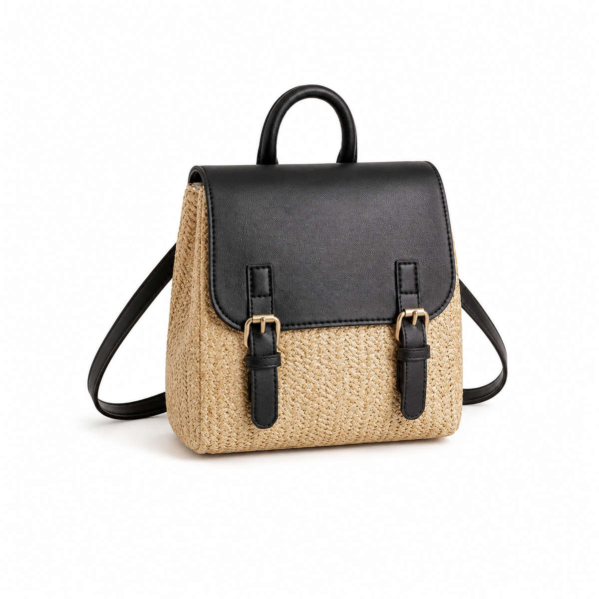 Woven Straw & Black Leather Mini Backpack Handbag