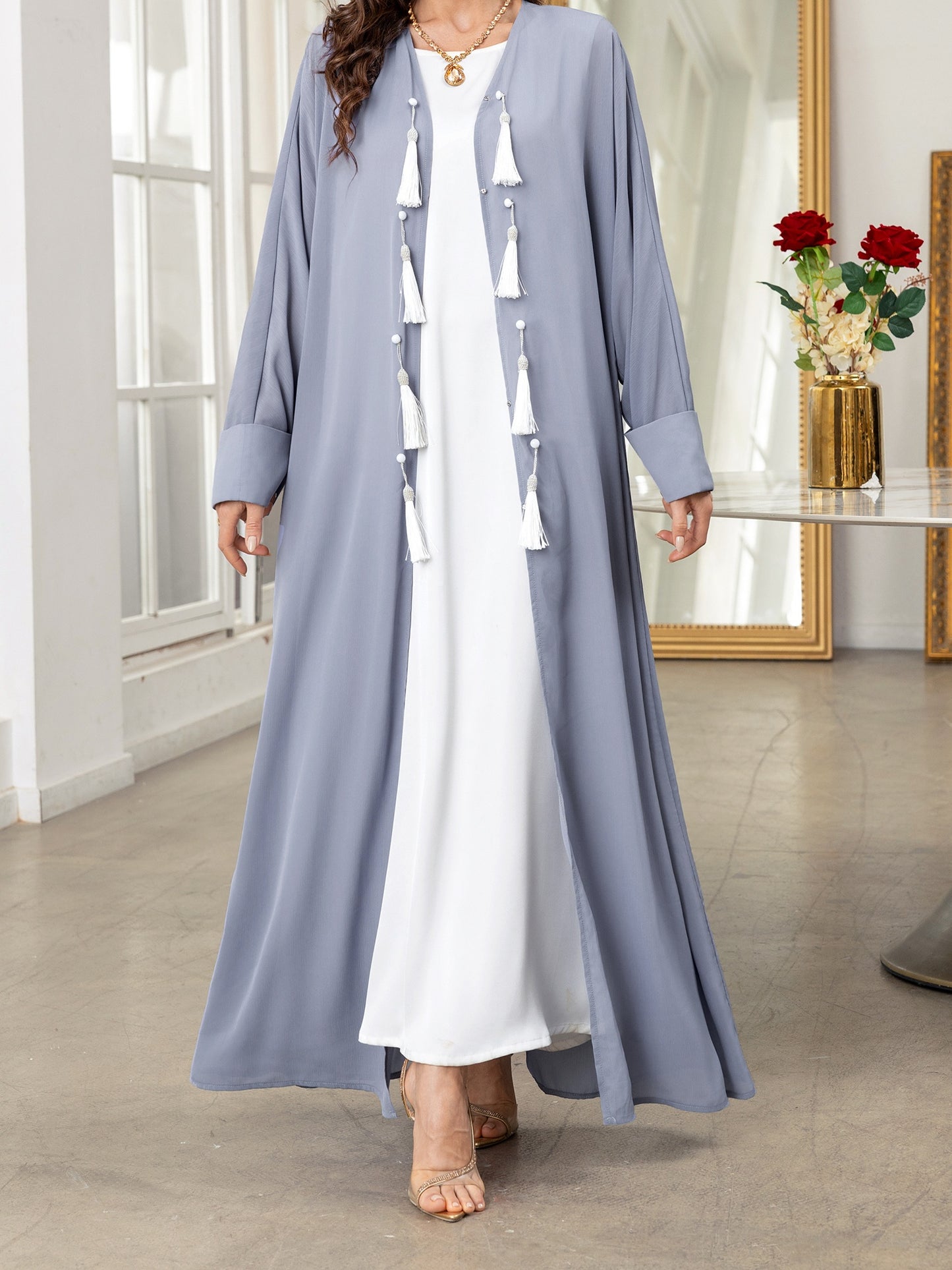 Elegant Gray Long Sleeve Tassel Cardigan - Loose Fit Caftan Gown for All Seasons