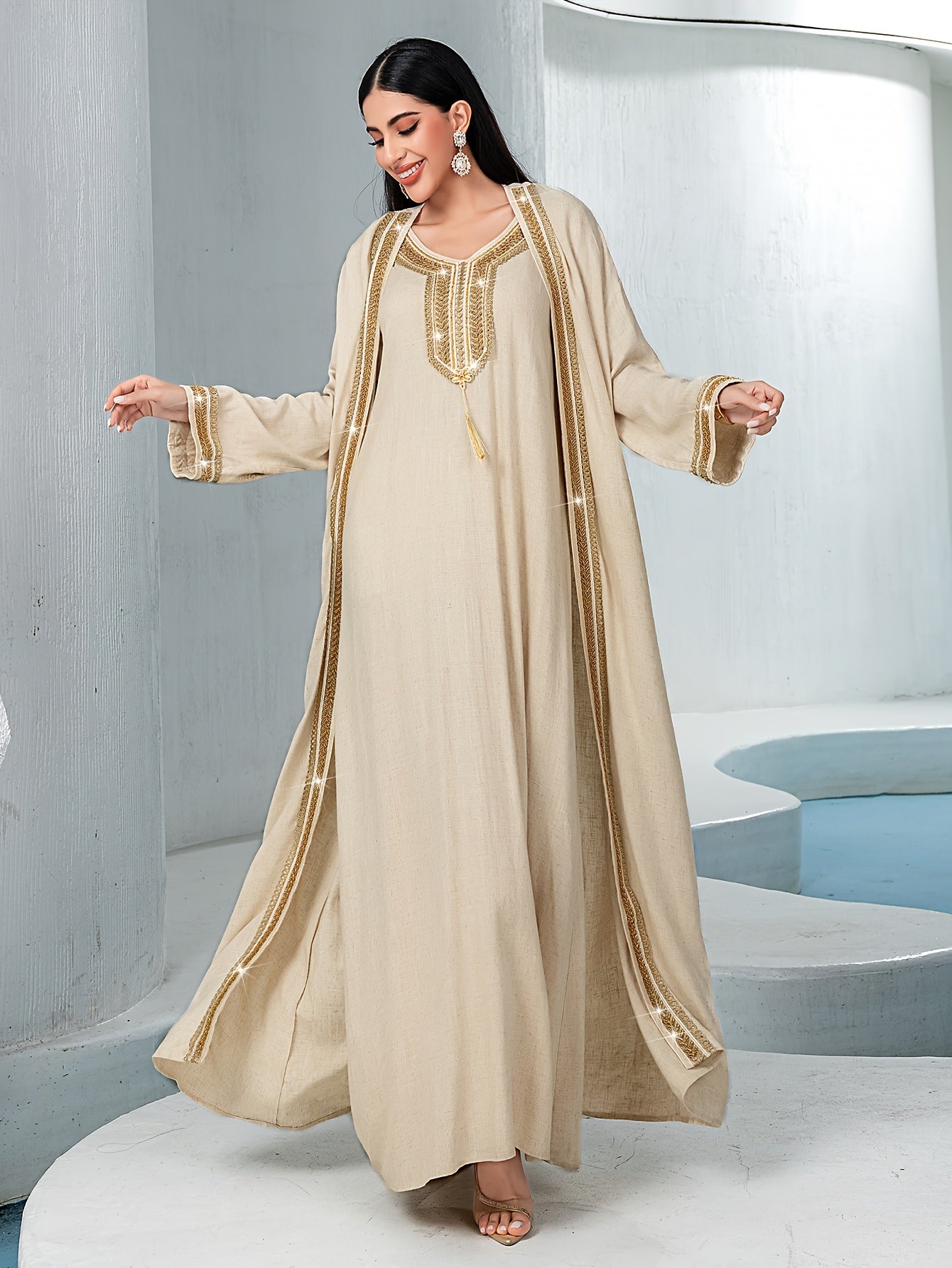 Beige Handmade Rhinestone Embellished Traditional Style Two-Piece Set Abaya Gown Dress