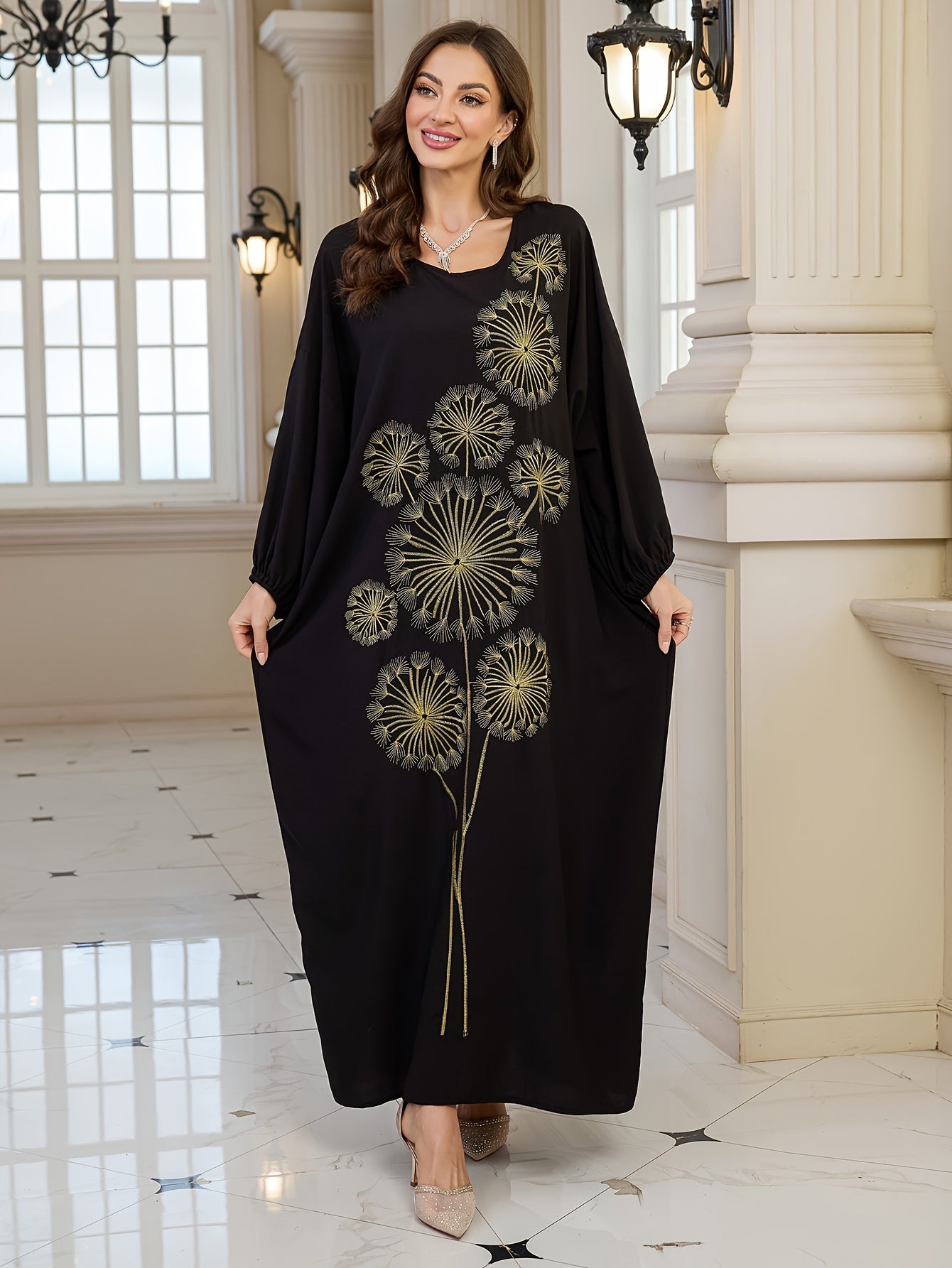 Plus Size, Women's Elegant Dandelion Embroidered Beach Cover-Up Robe Dress - Long Sleeve Loose Fit, Plus Size Black with Golden Floral Print, Lantern Sleeves & Long Length for Vacation, Poolside, Casual Outings, Beach Dress