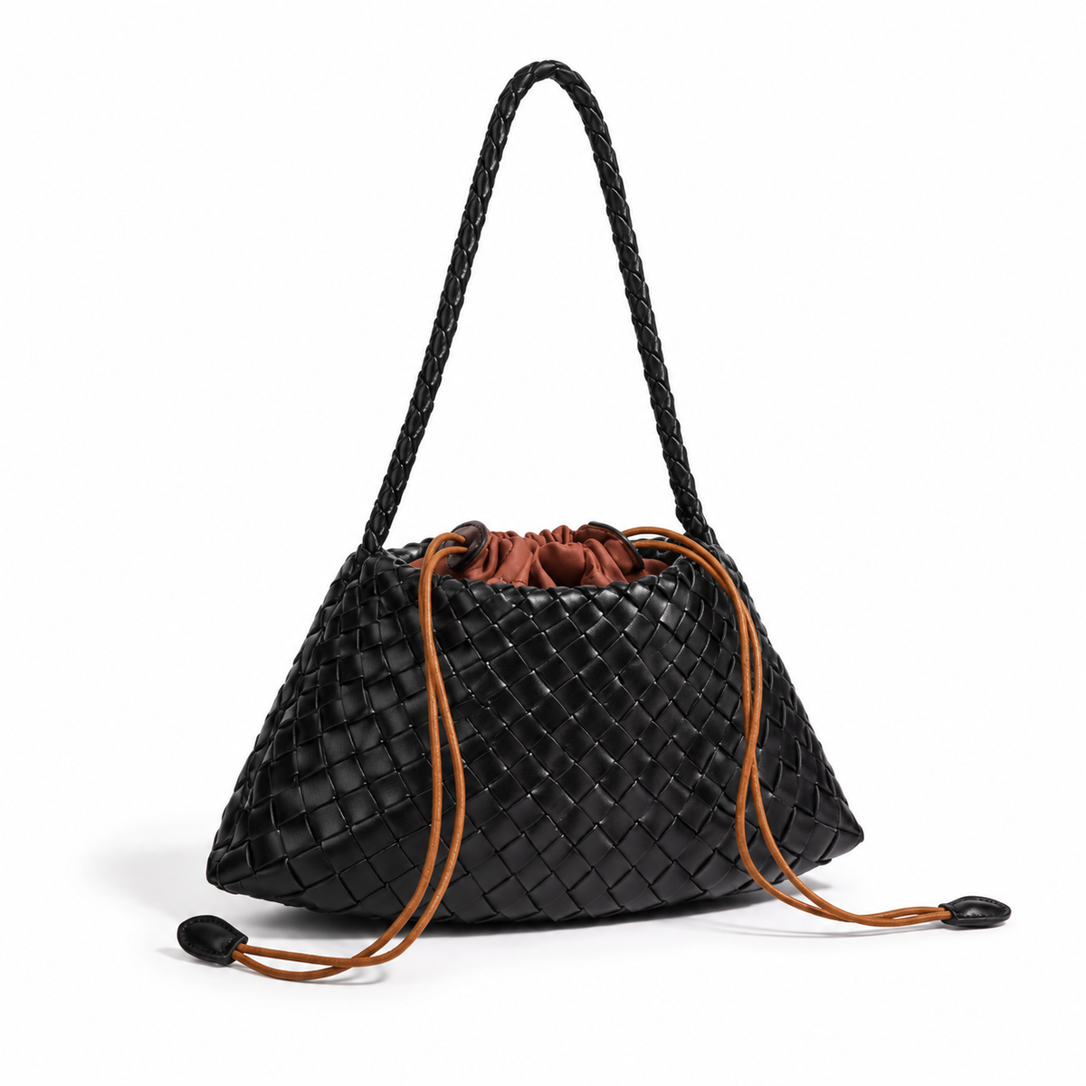 Elegant Black Woven Drawstring Shoulder Bag