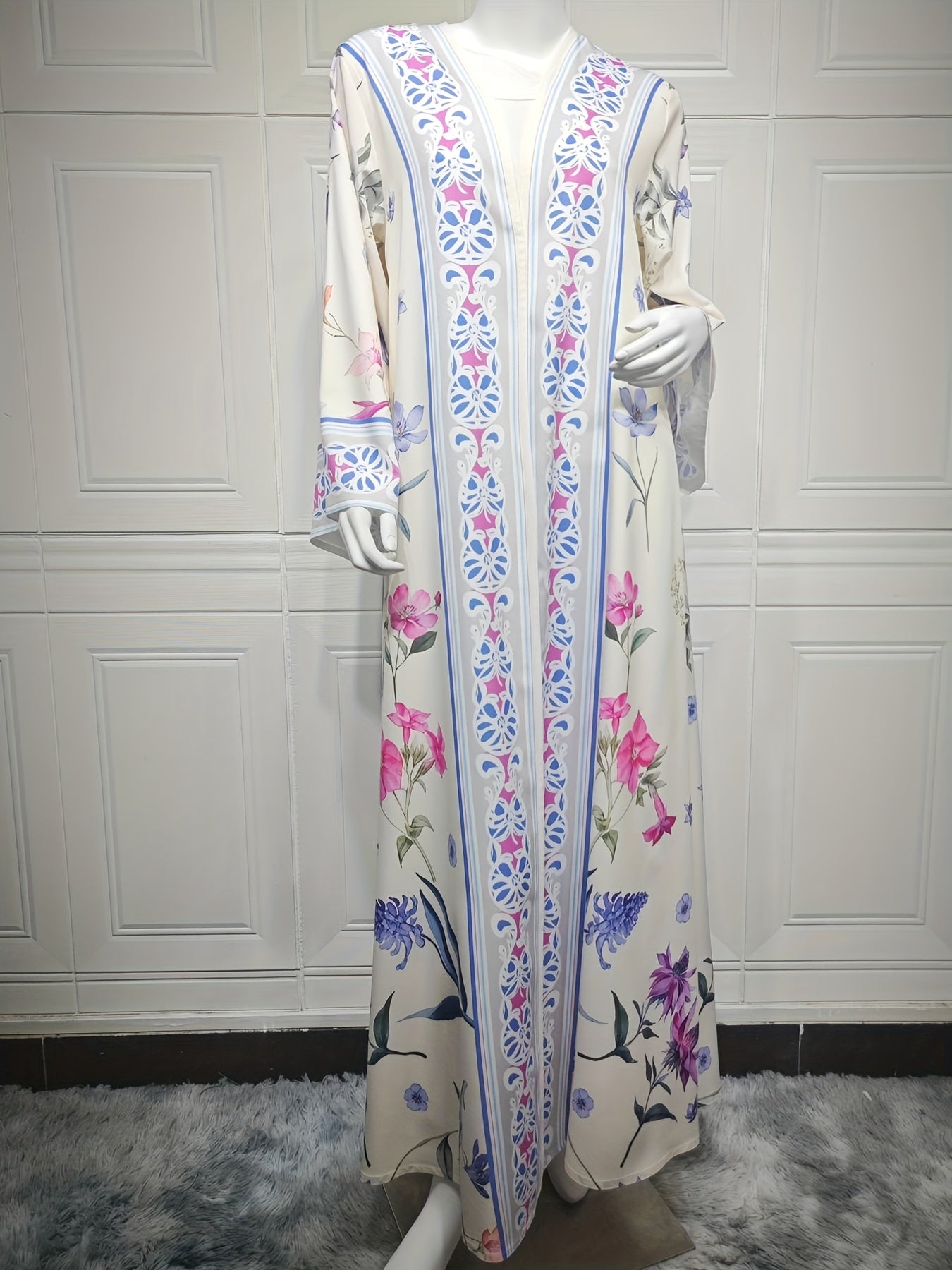 Floral Print V-Neck Abaya Robe with Long Sleeves - Lightweight Loose Fit Long Dress and Headscarf Set for Women, Spring/Summer Collection, Versatile Fashionable Long Robe, Headscarf 2pcs