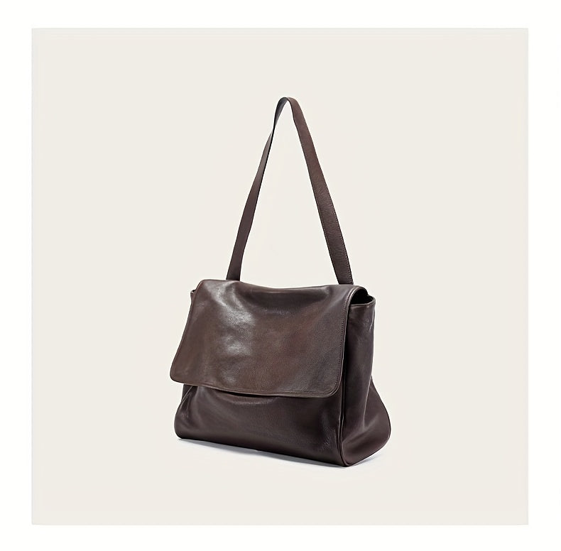 Top-Grain Vintage Genuine Leather Tote Messenger Bag - Flap Closure, Fixed Shoulder Strap, Large Capacity
