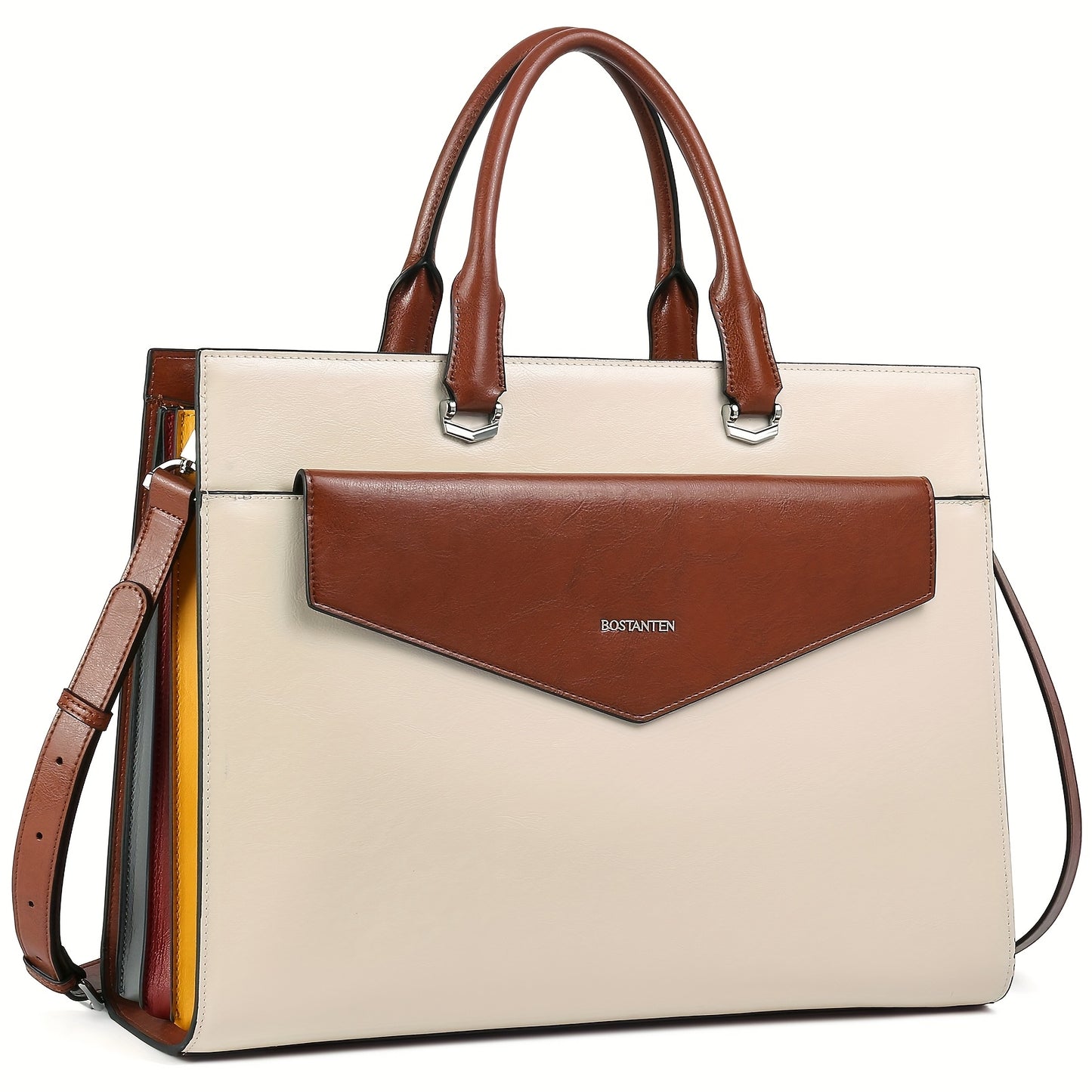 Women's Professional Leather Briefcase Tote Bag for 15.6 Inch Laptop - Work Handbag with Adjustable Shoulder Strap, Button Closure & Contrast Stitching