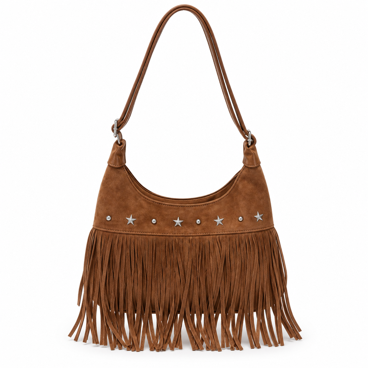 Vintage Brown Star Studded Fringe Shoulder Bag