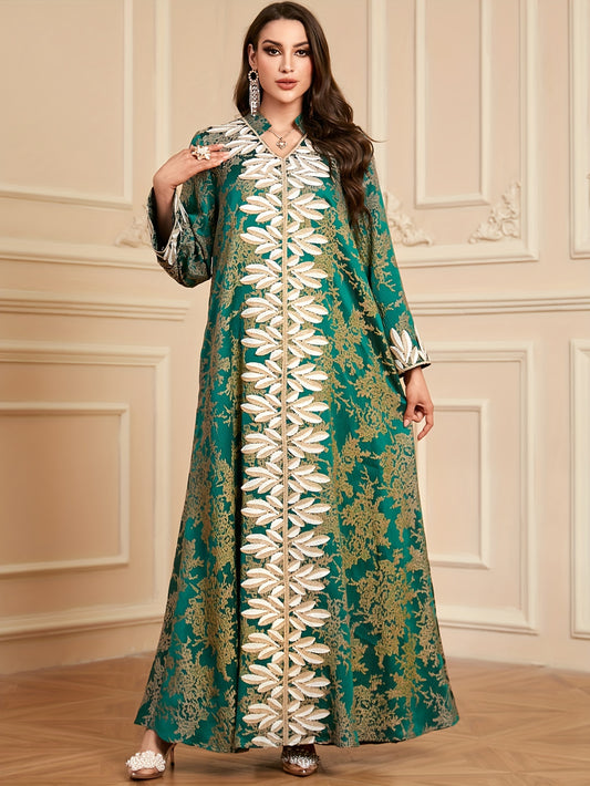 Elegant Green Floral Embroidered Long Sleeve Maxi Kaftan Abaya Dress - Polyester, Machine Washable, Non-Stretch Fabric for All Seasons