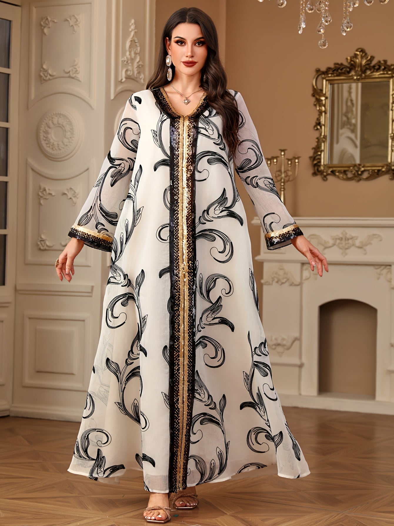 Elegant White Sequin Decorated Maxi Dress with Floral Patterns - Long Sleeve, A-Line Silhouette, Non-Stretch Fabric for All Seasons, Formal Evening Wear|Floral Sequin Decoration|Woven Polyester