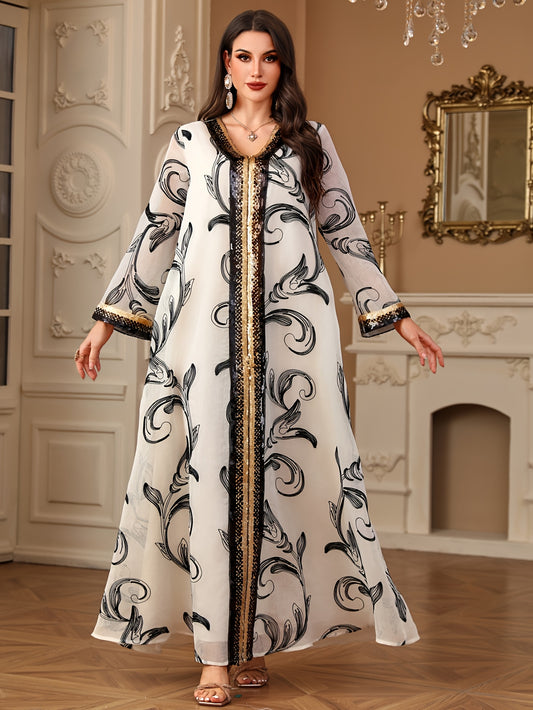 Elegant White Sequin Decorated Maxi Dress with Floral Patterns - Long Sleeve, A-Line Silhouette, Non-Stretch Fabric for All Seasons, Formal Evening Wear|Floral Sequin Decoration|Woven Polyester