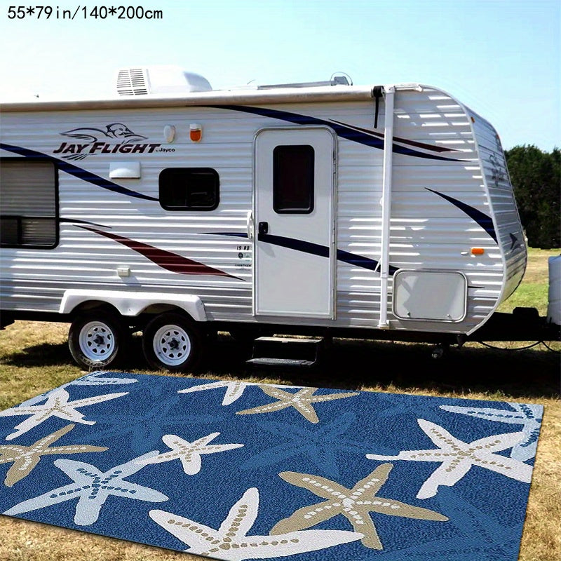 1pc Starfish Pattern Rug Made of Plush Velvet with a Dotted Plastic Bottom, Suitable for Outdoor Use Such As RV Camping, Gardens, Patios, And Balconies; Machine Washable Outdoor Carpet