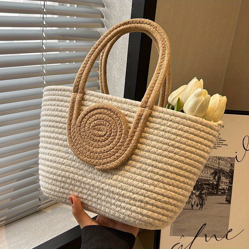 Handbag Women's Straw Basket Handmade Bag Holiday Picnic Spring Trip Photo Beach Bag Single Shoulder Woven Small Bag Elegant Lady