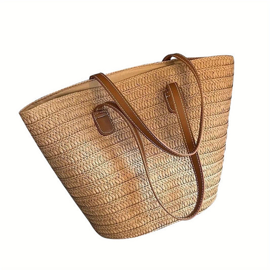 Women Large Capacity Woven Tote Bag Trendy Fashion Solid Color Weave Beach Shoulder Bag Handbag for Travel Daily Shopping