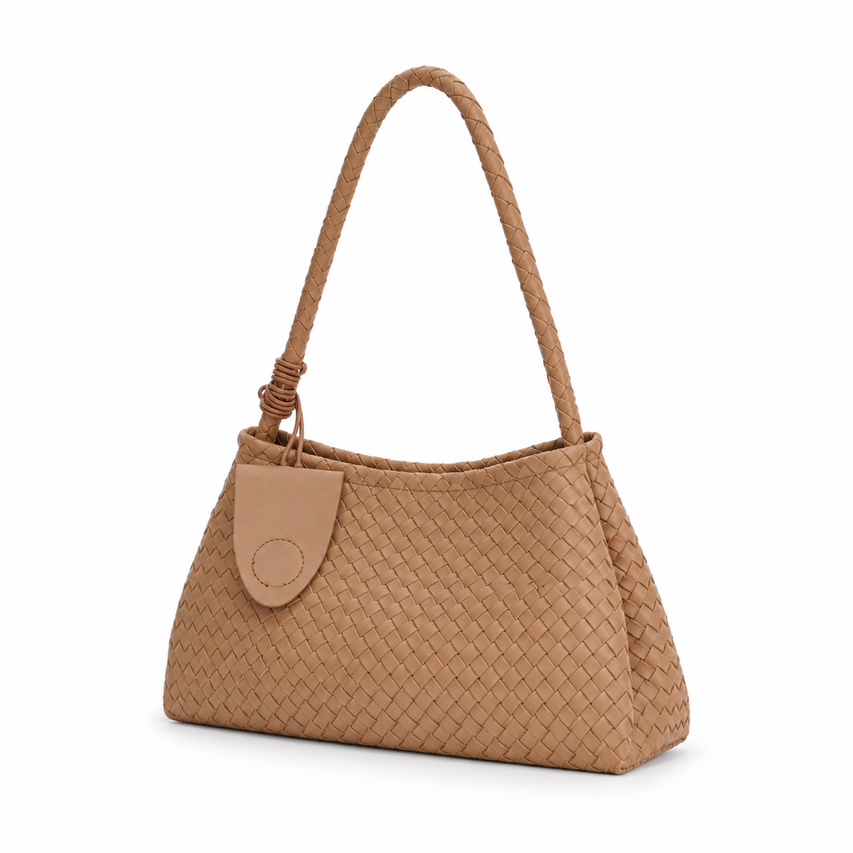 Khaki Woven Shoulder Bag With Charm