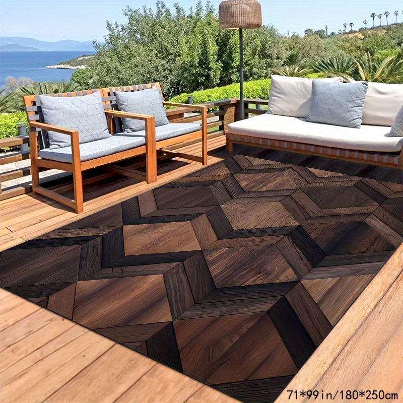 [Crystal Velvet | Wooden Inlay] 700G 1pc Wooden Inlay W-shaped Pattern Mat, Crystal Velvet + Dot Embossed Bottom | Outdoor Rugs, Suitable for Courtyard, Terrace, Balcony | Machine Washable, Outdoor Mat