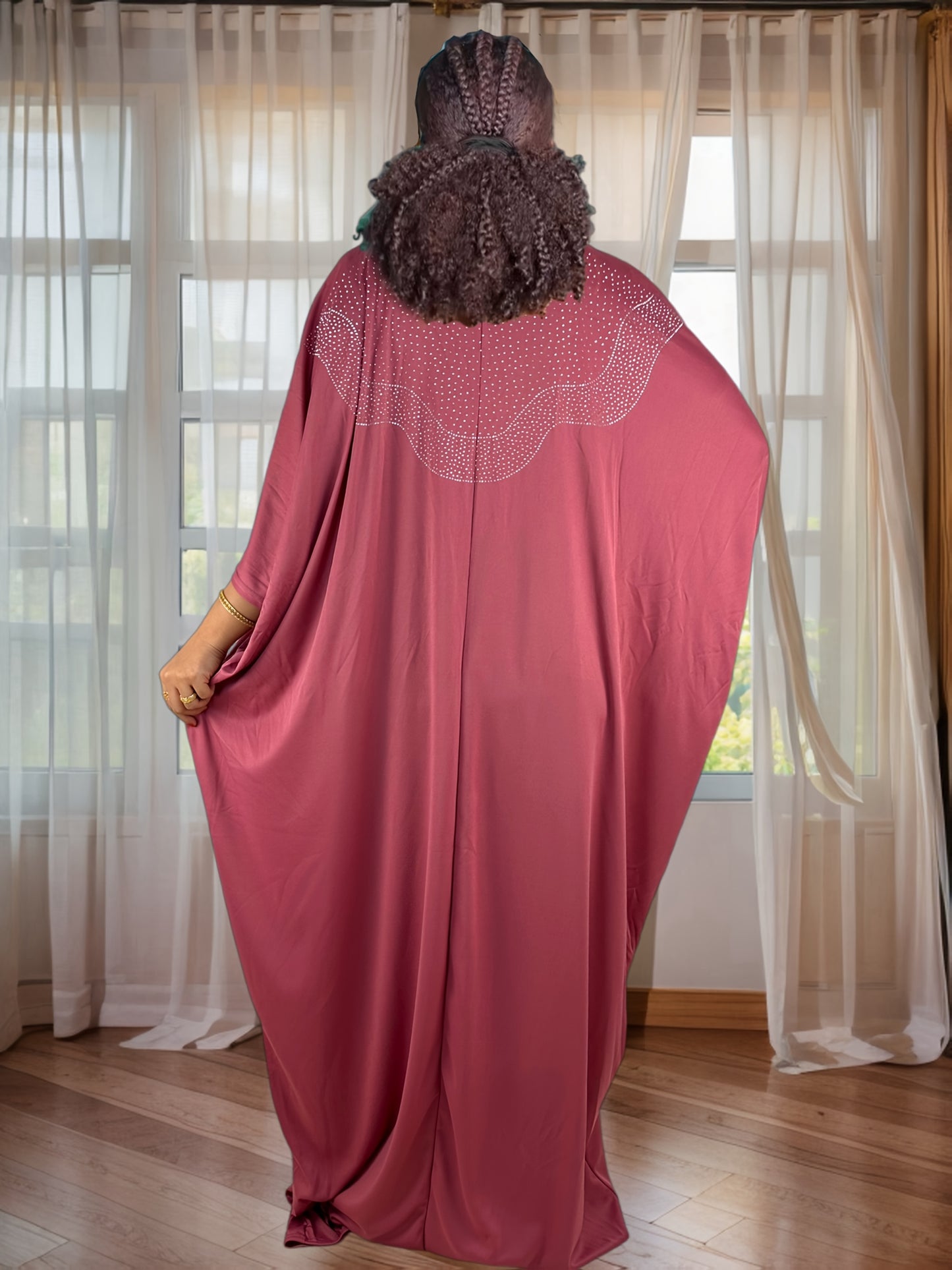Plus Size - Plus Size - Zuan005#Black Long Robe with Rhinestones on The Front And Back