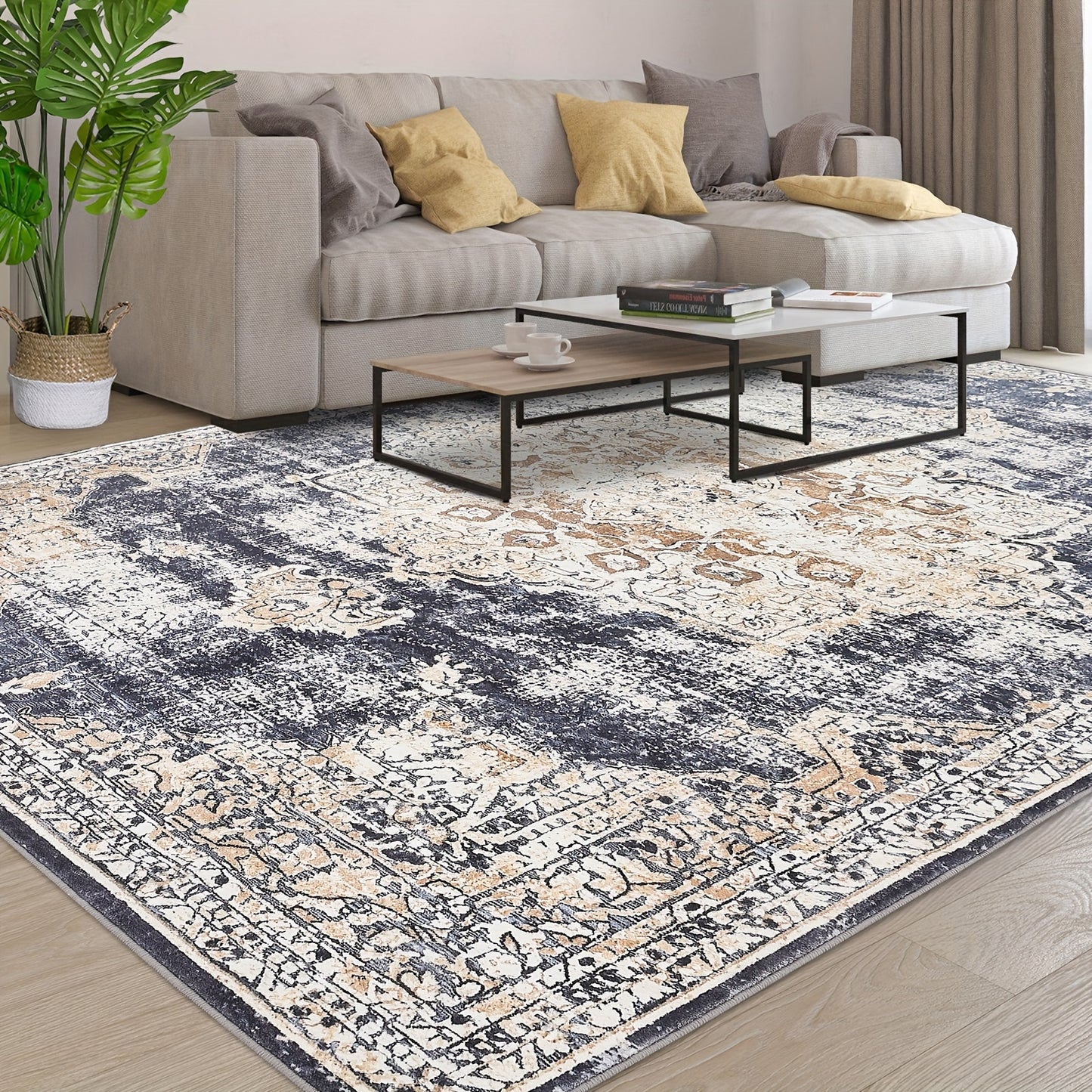 Oriental Medallion Printed Medium Area Rug, Low Profile Pile Rubber Backing Indoor Vintage Rugs, Ideal for Living Room Dining Room Bedroom Office, Beige