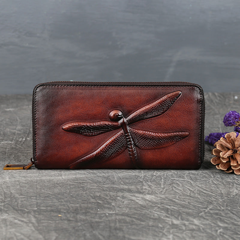 [Leather Floral Clutch Bag] Vintage Leather Wristband Purse - Embossed Floral Pattern Zippered Clutch Bag with Coin Purse and Polyester Lining