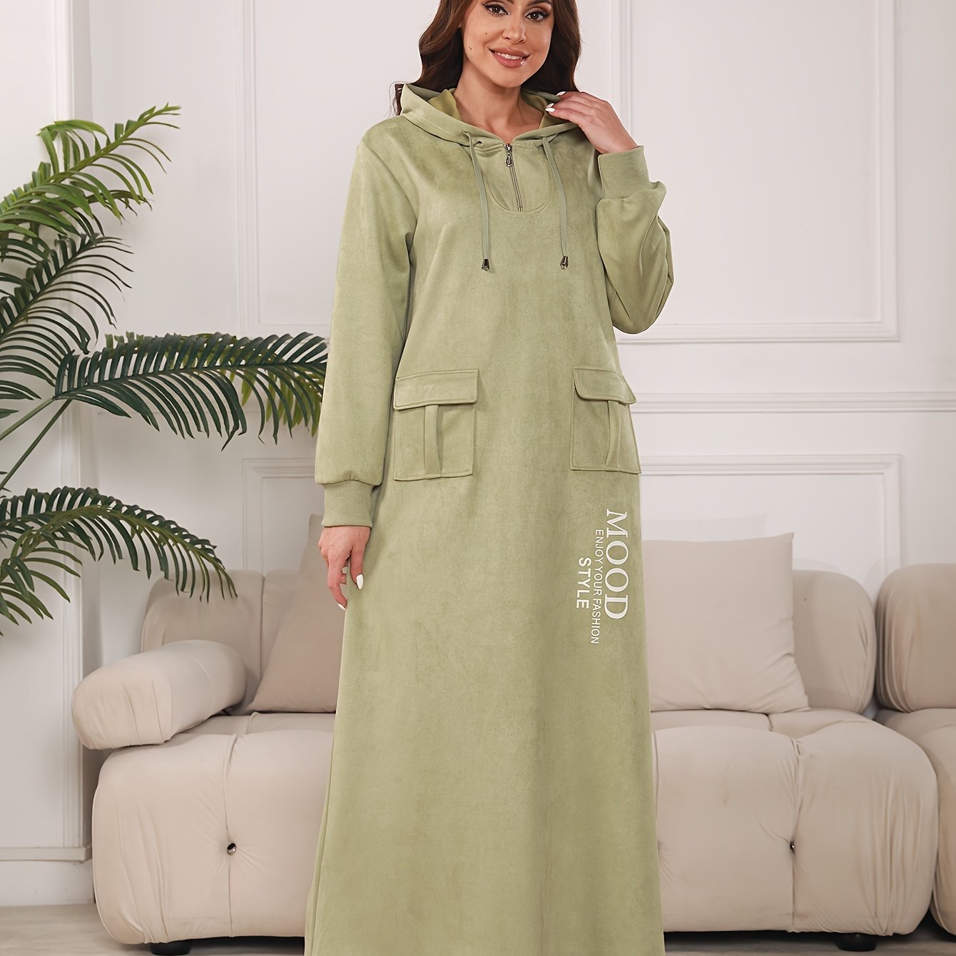 Women's Casual Long Sleeve Hooded Abaya with Zipper Collar and Pockets - Arabic Alphabet Print, Non-Stretch Fabric, Loose Fit for All Seasons, Casual Wear|Hooded Dress|Pocketed Dress