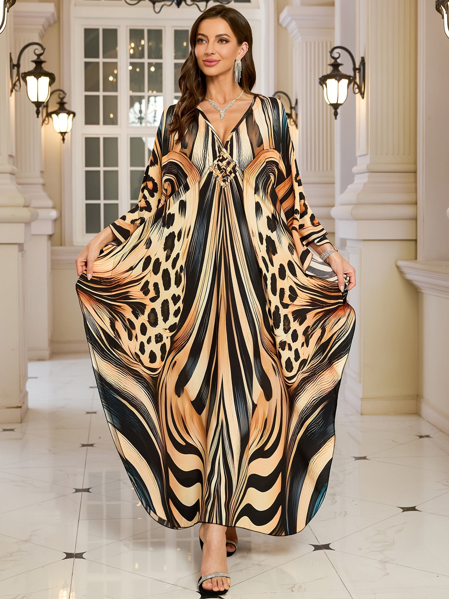 EDOLYNSA Women's Deep V-Neck Leopard Print Turkish Kaftan Dress - Long Sleeve Batwing Beach Cover-Up with Chest Ruching, Loose Fit Maxi for Resort Wear, Poolside & Casual Outings, Beach Dress, Summer Vacation Outfit, Batwing