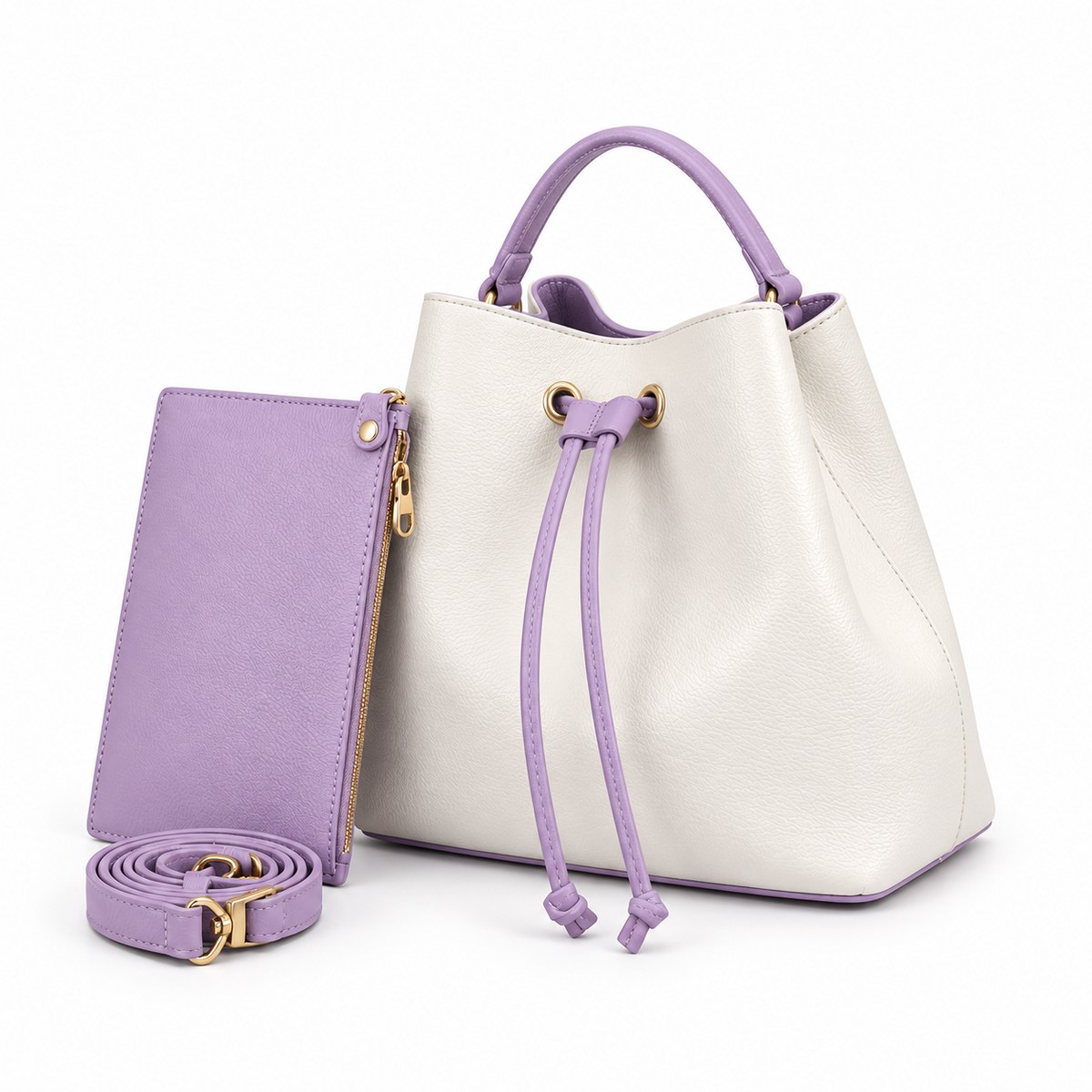 White Purple Drawstring Bucket Handbag Set